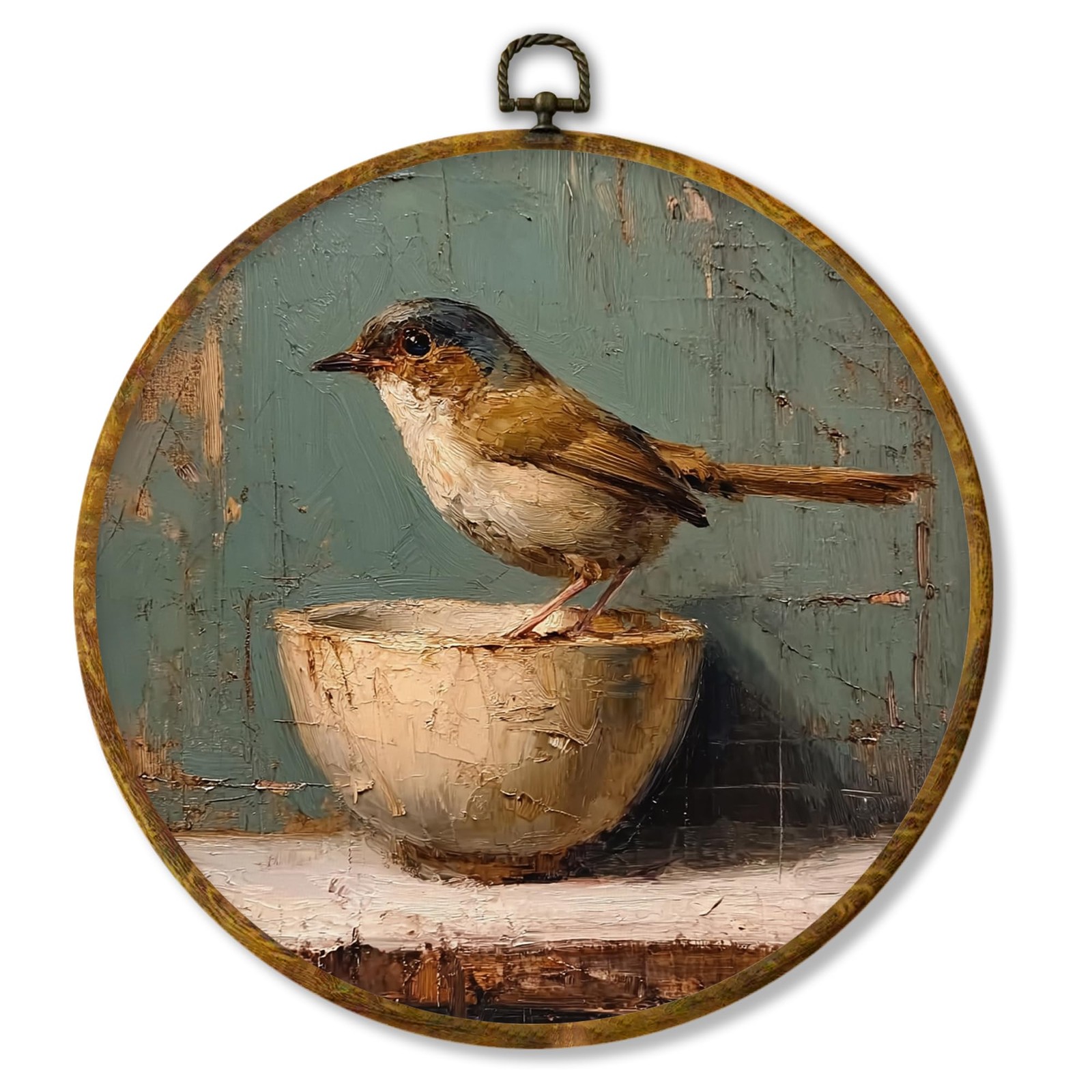 Vintage Bird Round Wall Art Decor, Antique Framed Bird on Bowl Canvas Prints,…