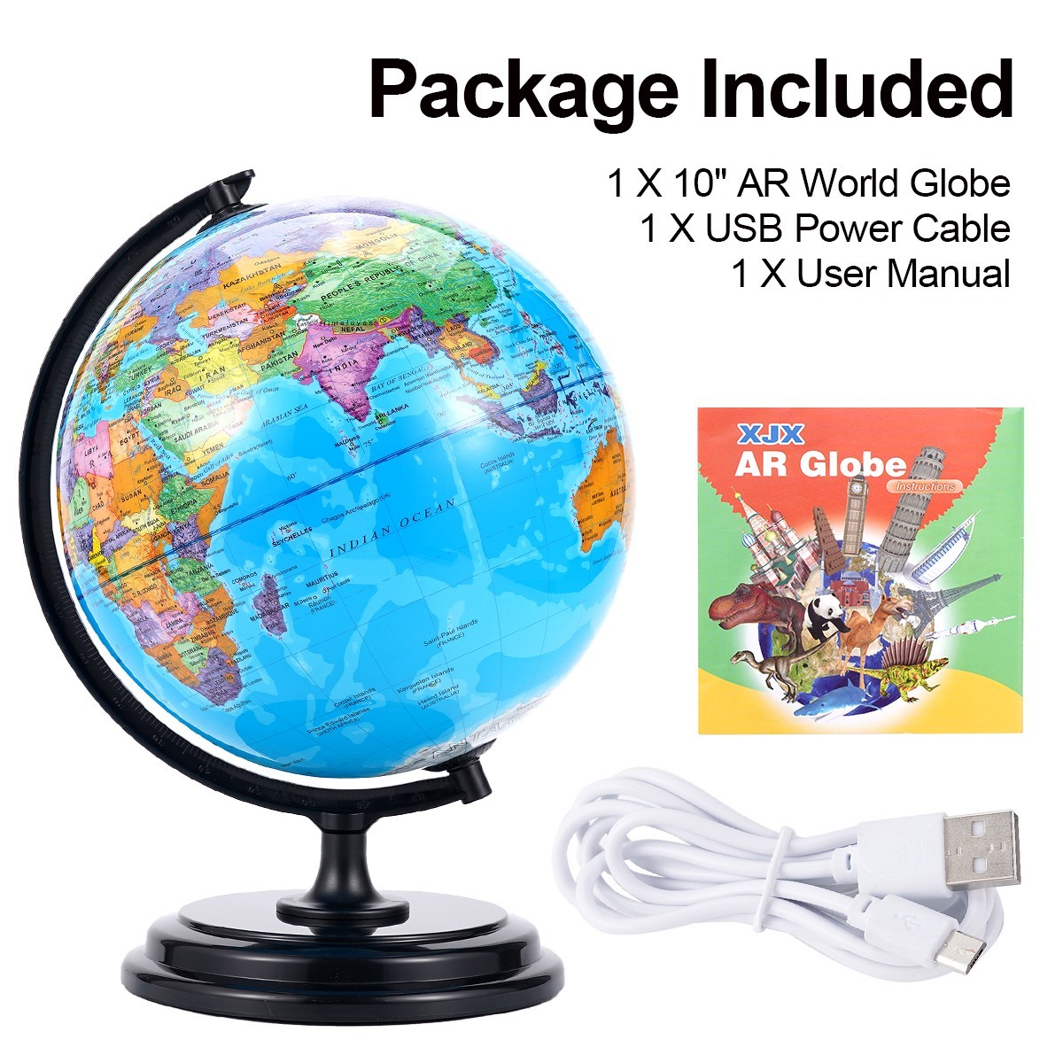 3D AR Large World Globe on Stand 10&Prime; W/USB LED Light 360° Illuminated Night Lamp