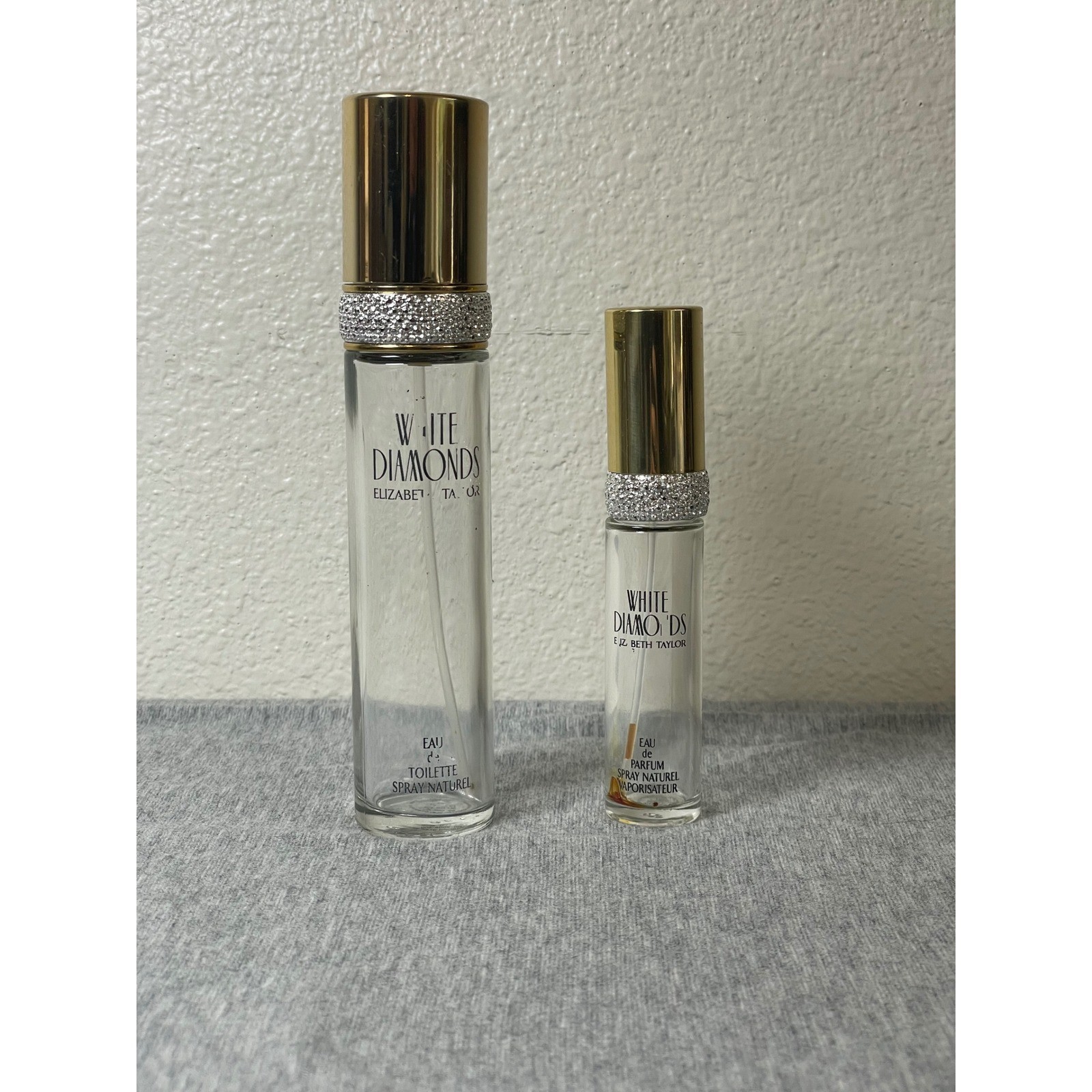 VTG Elizabeth Taylor White Diamonds Perfume Bottles Set 1.7oz 0.5oz Gold Empty