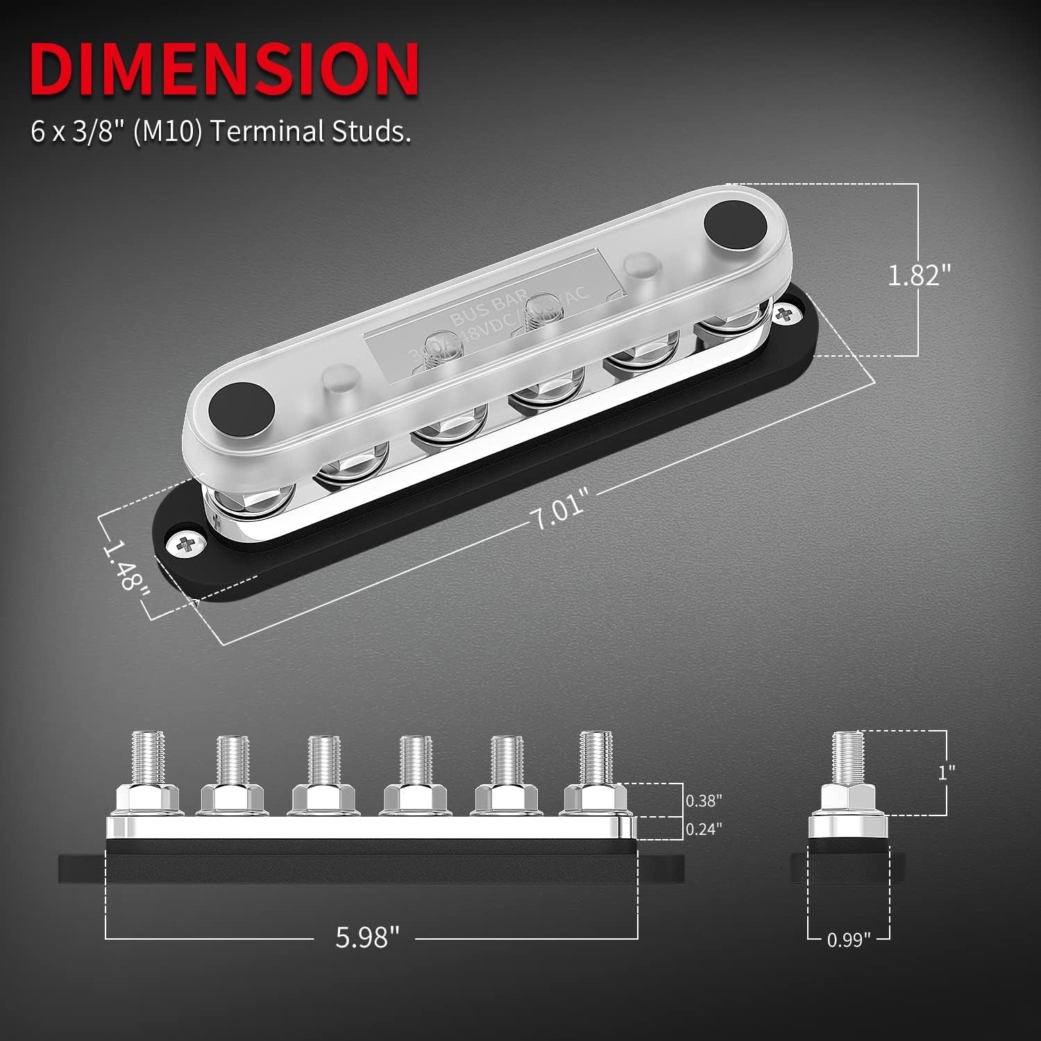 300A Bus Bar 12V Marine 12V Power Distribution Block with Cover 6 x 3/8&Prime; (M10) T