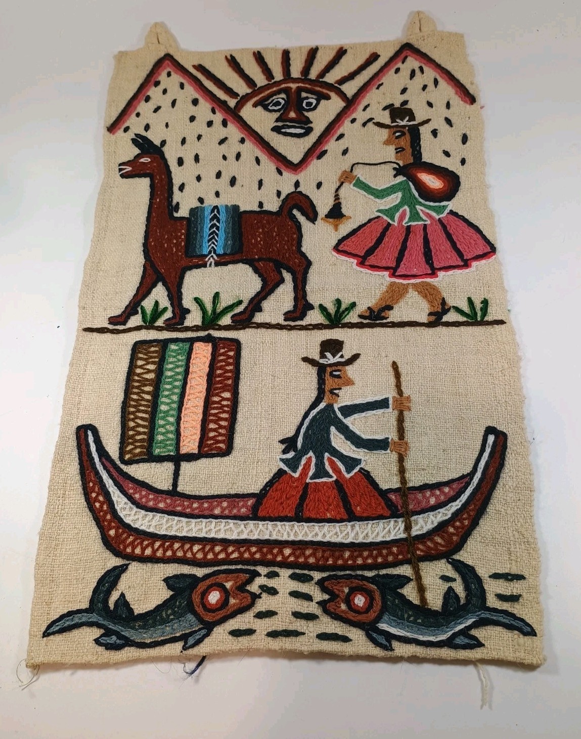 Vintage Peru Wool Woven Wall Hanging Llama Boat Fish Sun Women Repair 12&Prime; x 20&Prime;