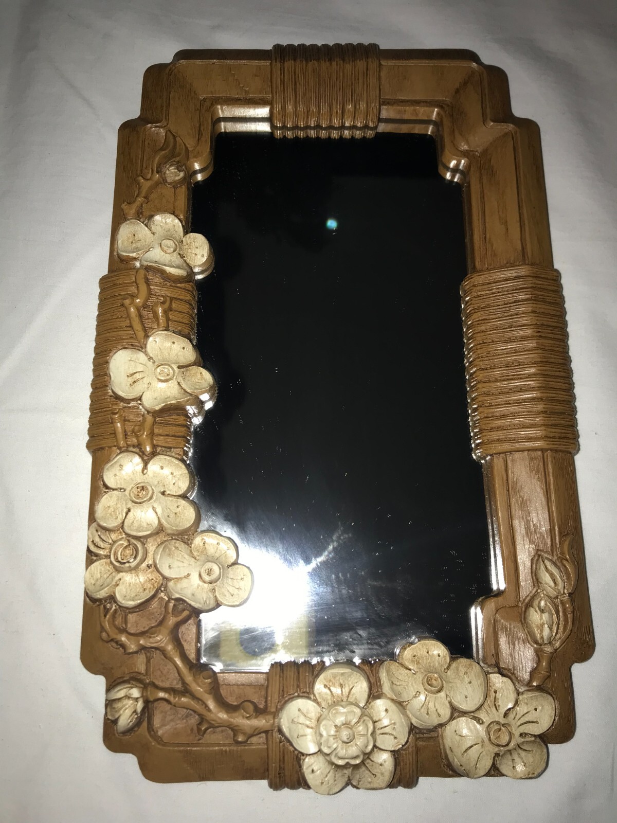 Vintage 1980 HOMCO 2403 Floral WALL MIRROR Faux Wood 3D DOGWOOD Flowers 10¾ »x6¾ »