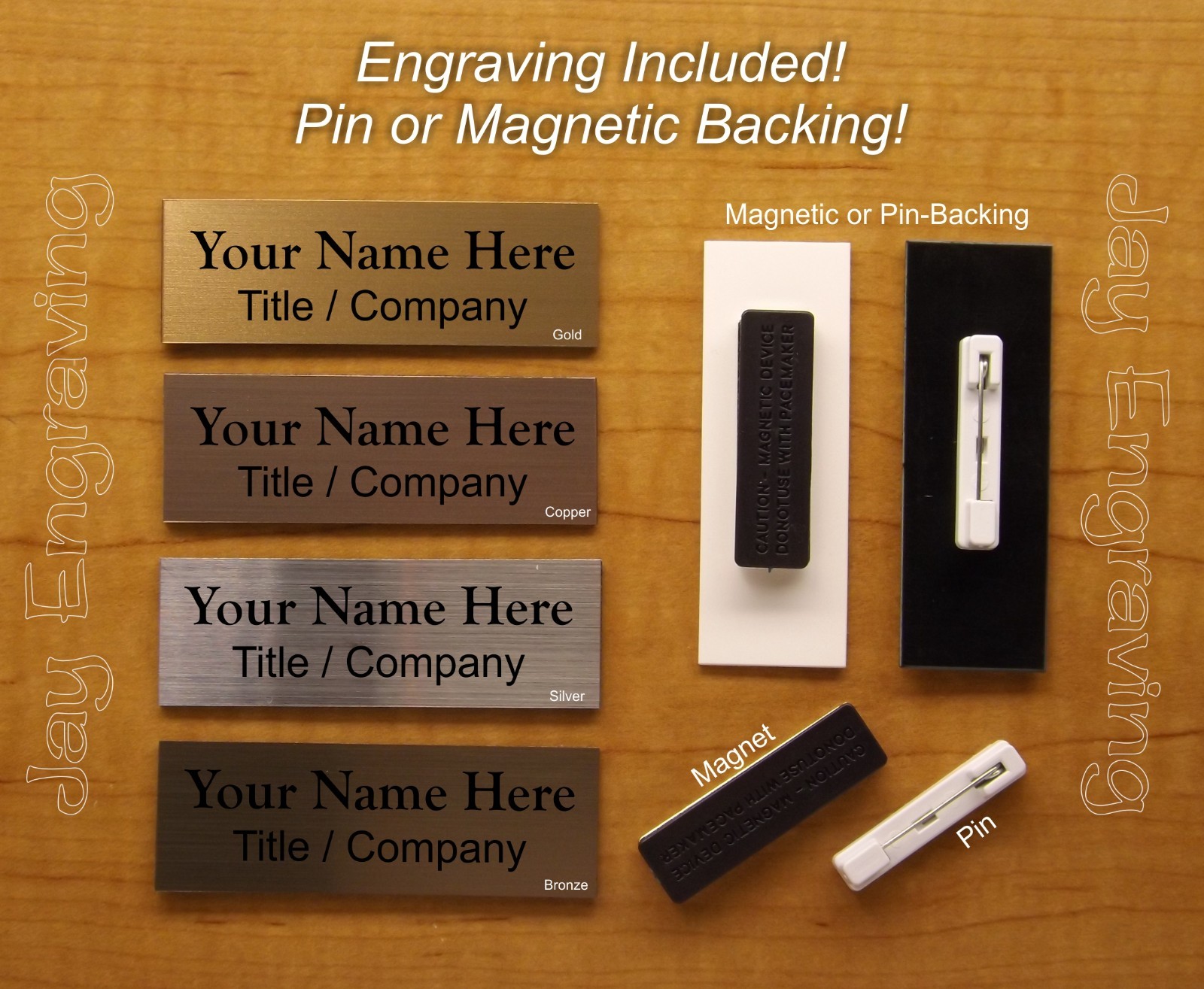 Custom Engraved Name Tag with Magnetic or Pin Clasp Gold Silver Copper or Bronze