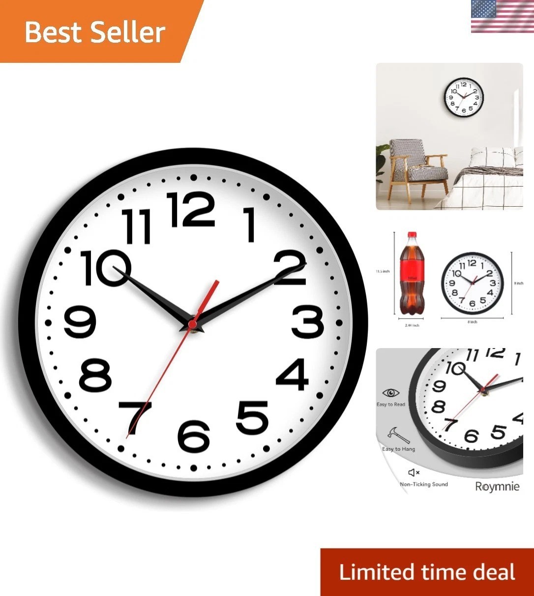 Minimalist Battery Operated Wall Clock – 8 Inch Non-Ticking Quiet Design