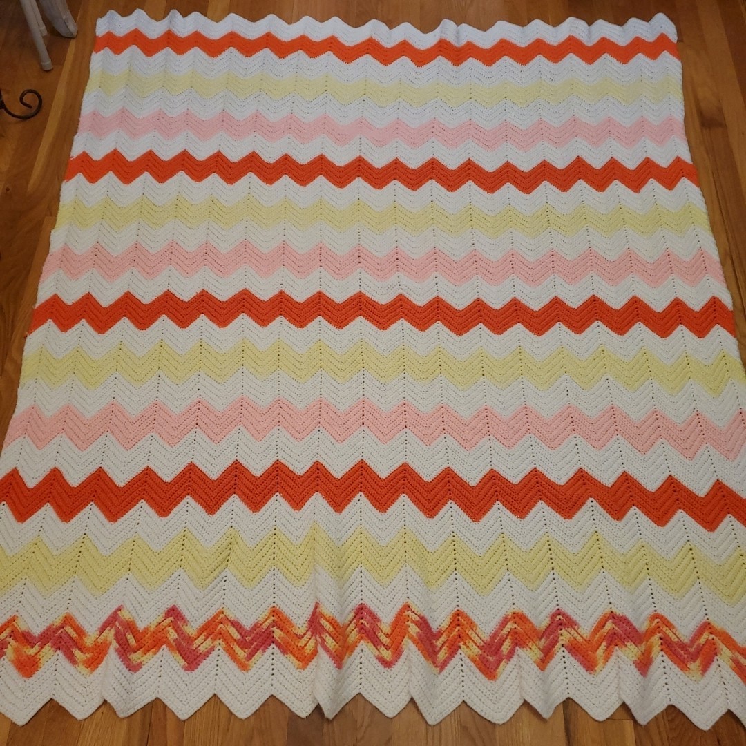 Hand Crochet Afghan Blanket Pink White Orange Yellow Chevron ZigZag Retro 68×58