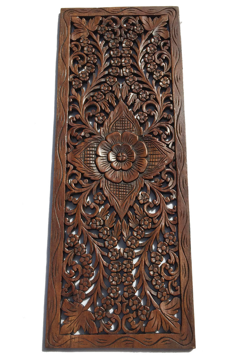 Asian Carved Wood Wall Decor Panel. Floral Wood Wall Art. Brown 35.5&Prime;x13.5&Prime;