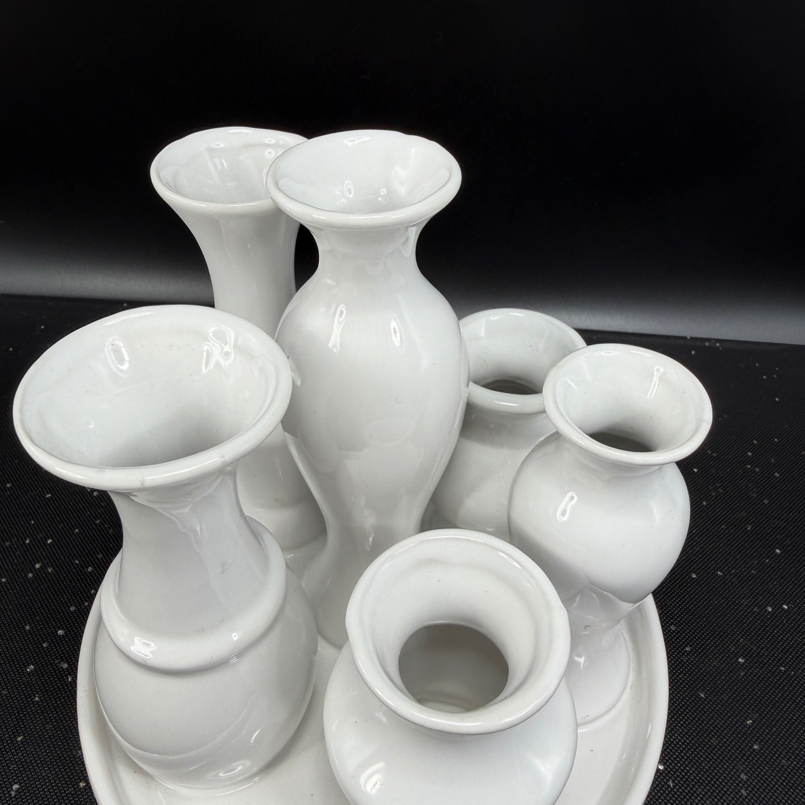 White Ceramic Multi Bud Vase Cluster 6 Opening Attached Floral Centerpiece 6in