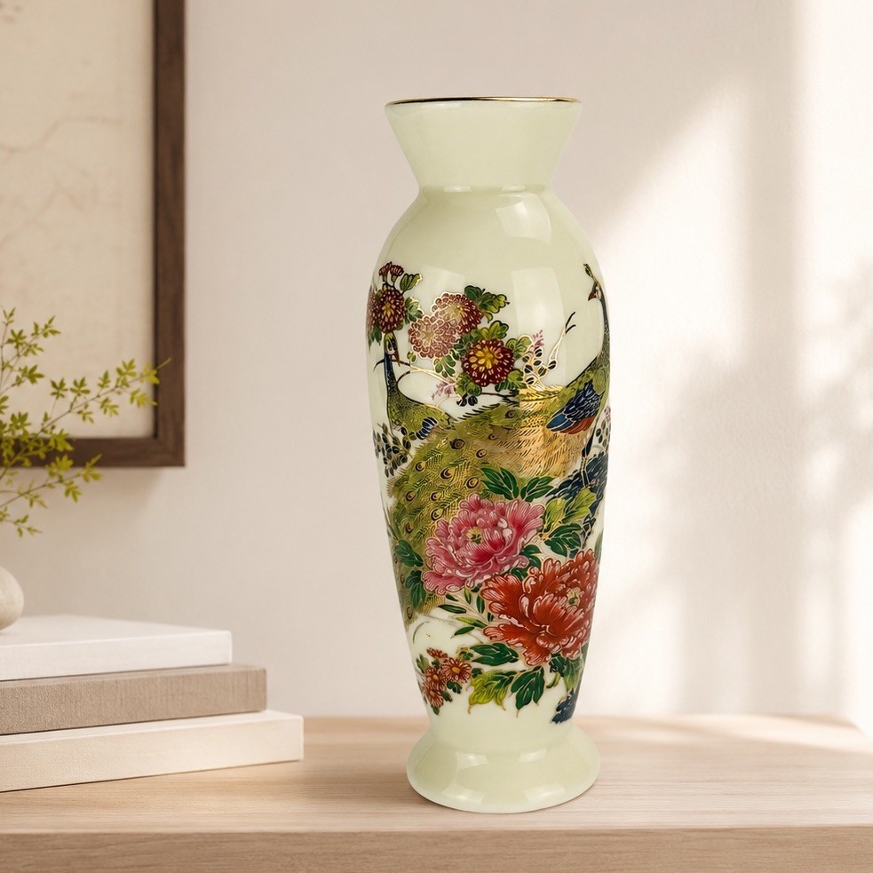 Vintage Asian Style Peacock Peony Ivory Porcelain Vase Gold Rim 6.75”