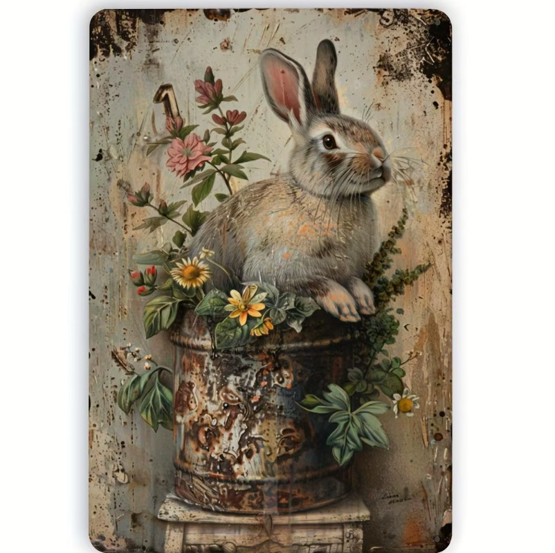 Victorian Wall Decor Country Garden Spring Easter Bunny Metal Tin Sign 8×12