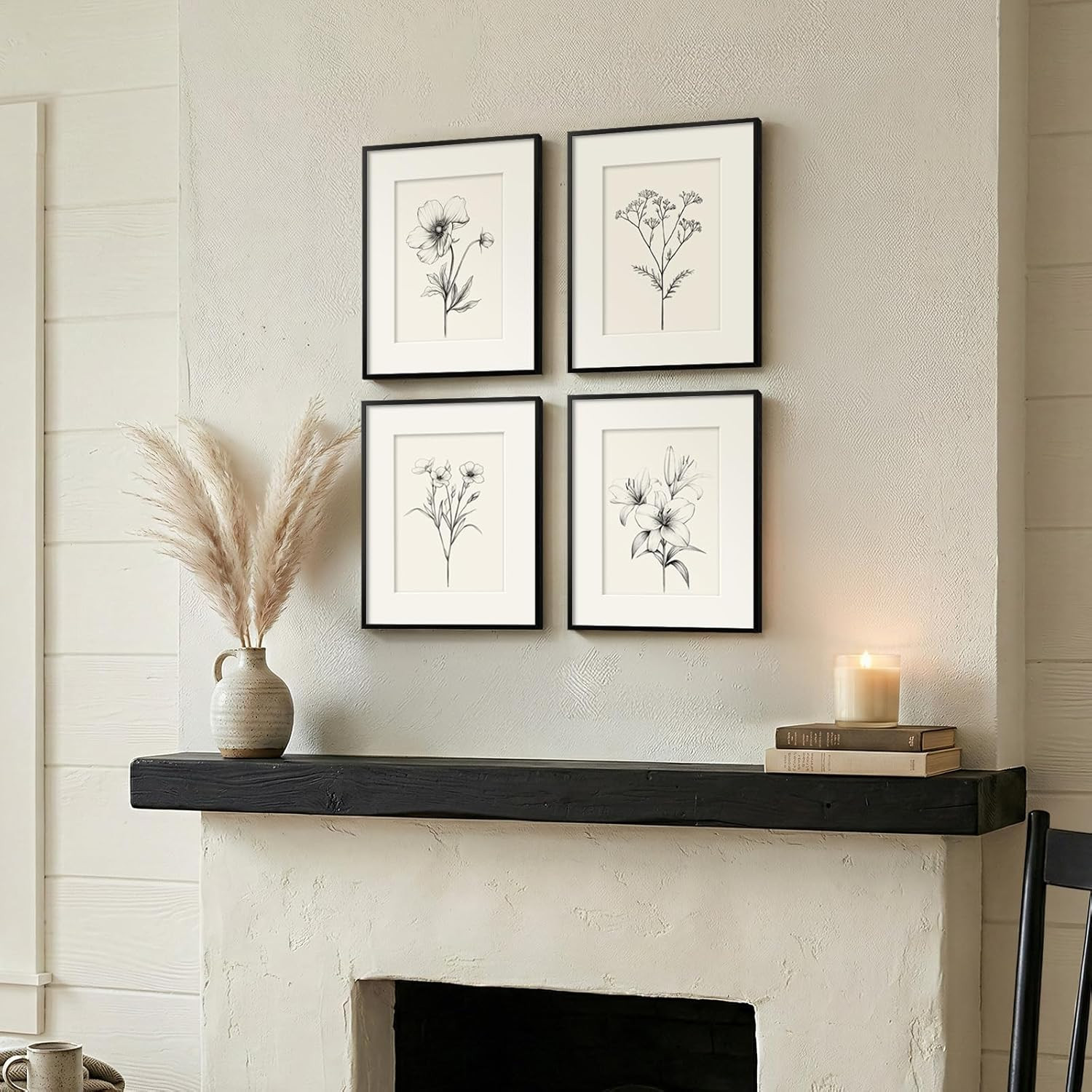 Framed Black & White Botanical Art Set – 4 Minimalist Floral Prints, 8×10 Inch
