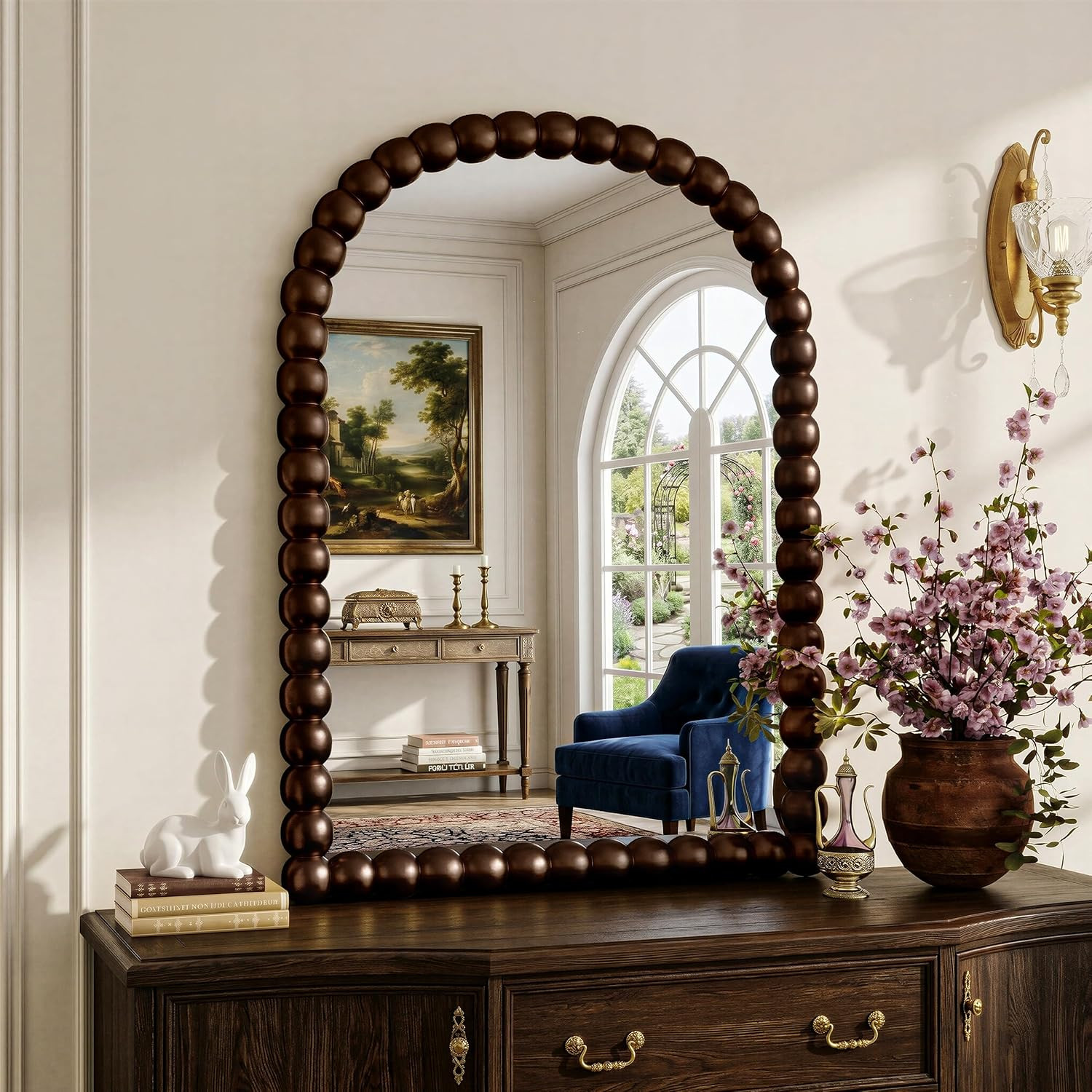 30&Prime;×38&Prime; Brown Arched Bathroom Vanity Mirror, Vintage Beaded Decorative Wall Moun