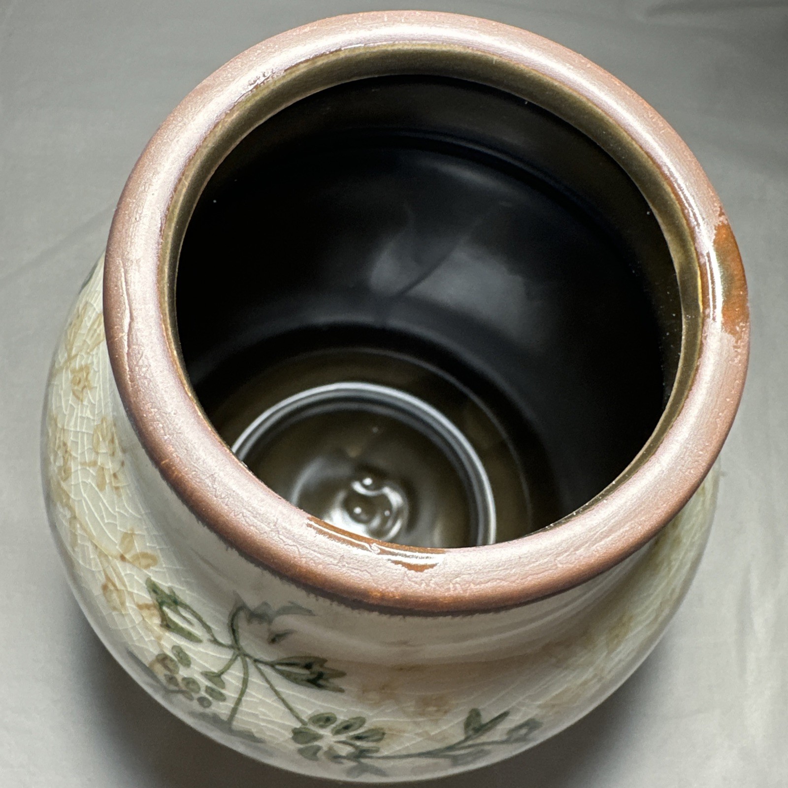 Ceramic Vase Rustic Floral Beige Tan Green Glazed Crack Chinoiserie Tuscan Decor