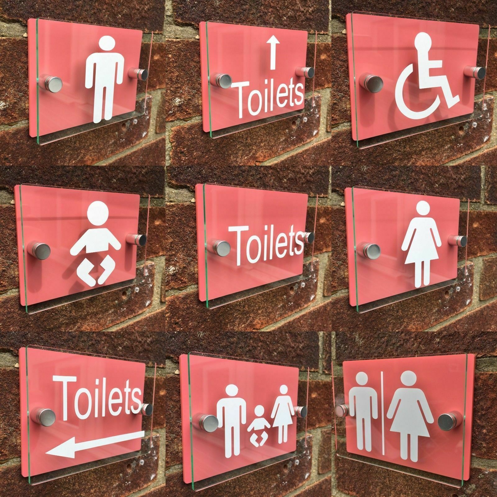 MODERN GLASS EFFECT ACRYLIC LIGHT RED/PINK TOILET SIGNS UNISEX/MALE/FEMALE/BABY