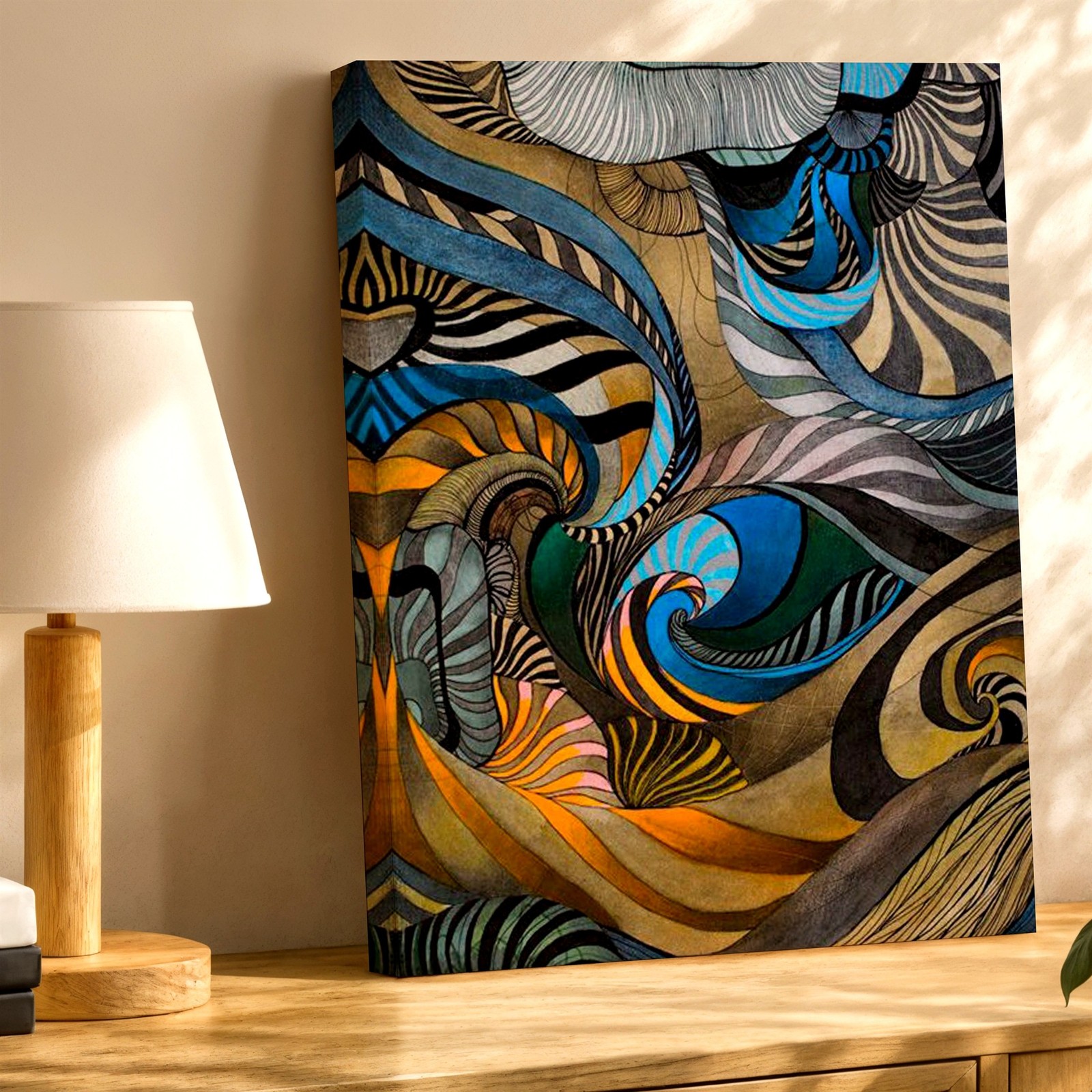 Wall Art Abstract Swirl Pattern Poster Blue Gold Black Modern Canvas Print Decor