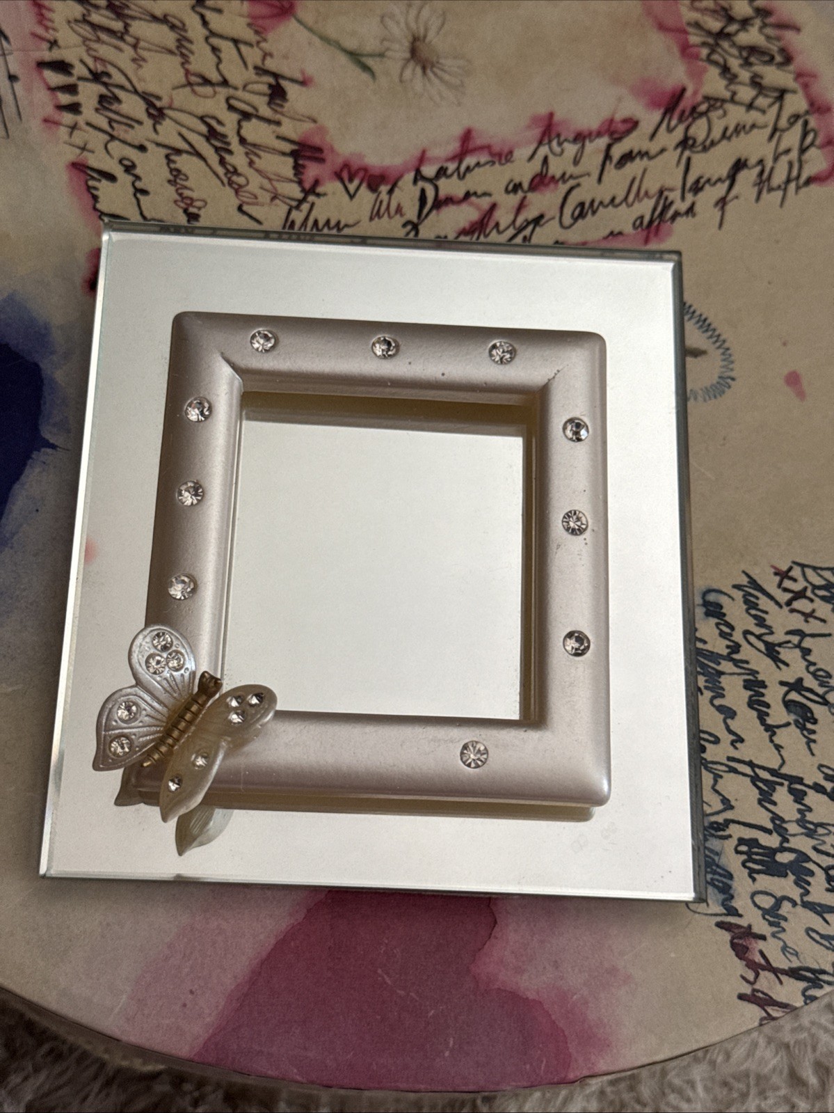 Mirror Frame Featuring Crystals & A Bejeweled Butterfly 4.5” Tall X 5” Long