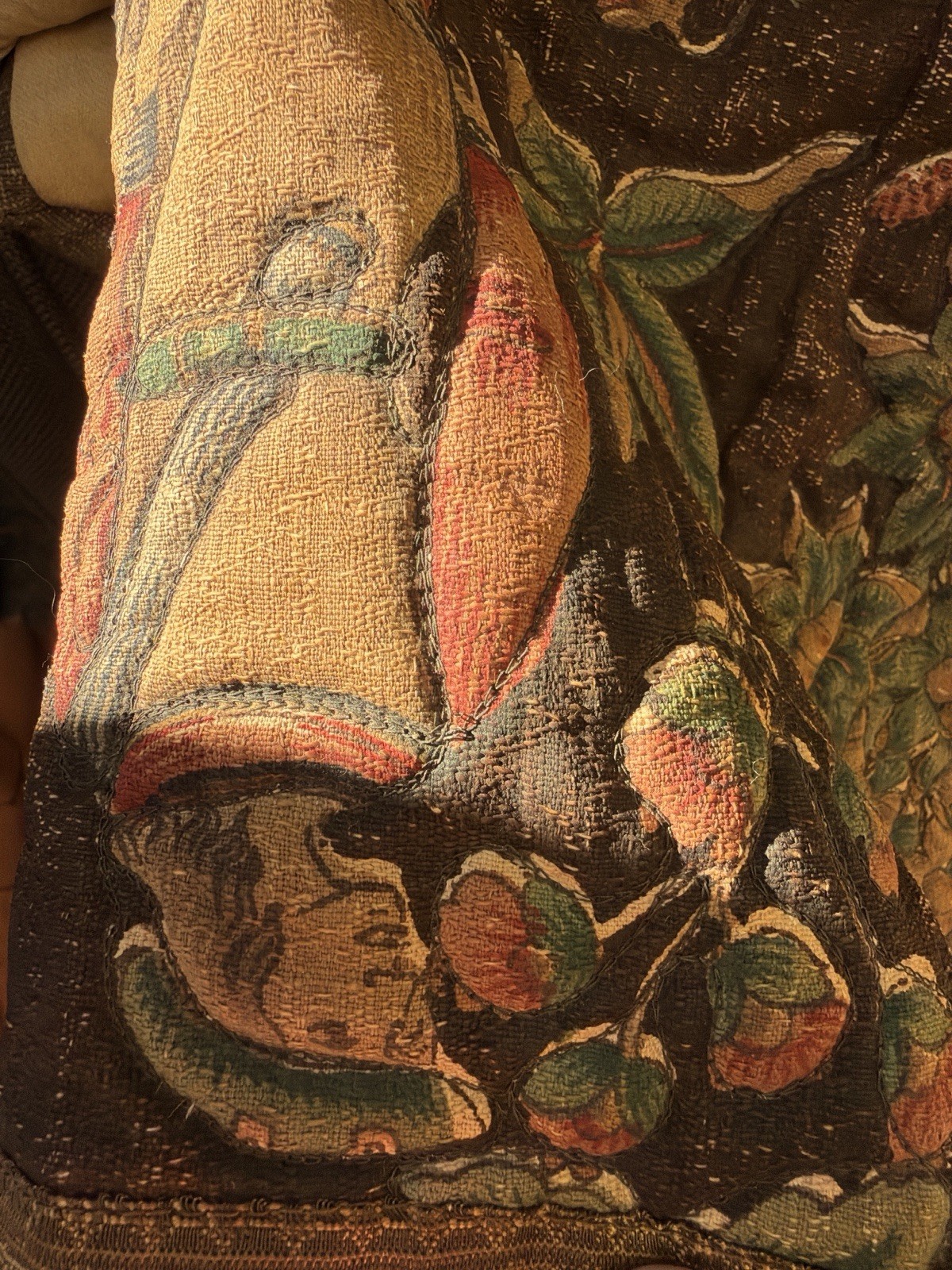 Vintage Quilted Medieval Hunting Scene Tapestry-Style Wall Hanging 55” x 43”