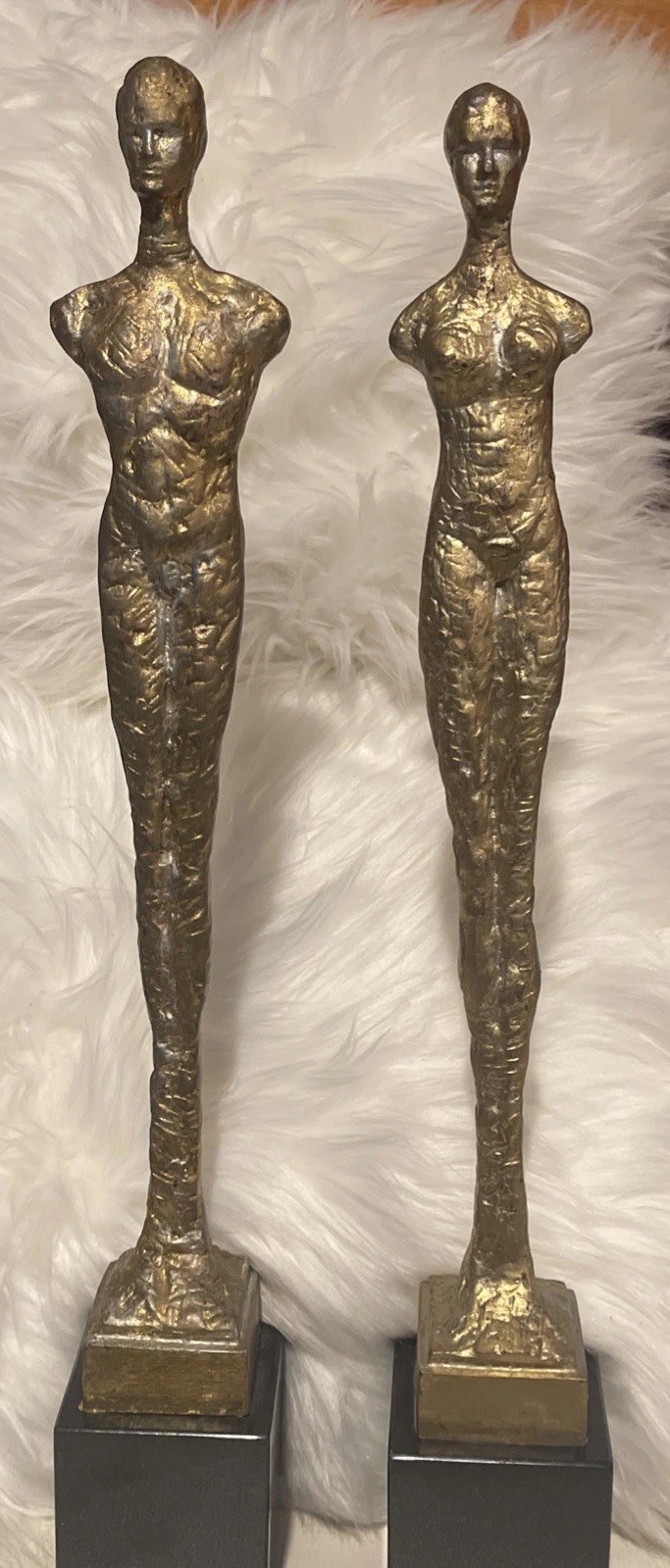 Global Views Pair Gold Iron & Marble Man Woman Vase Sculptures 21” & 20”