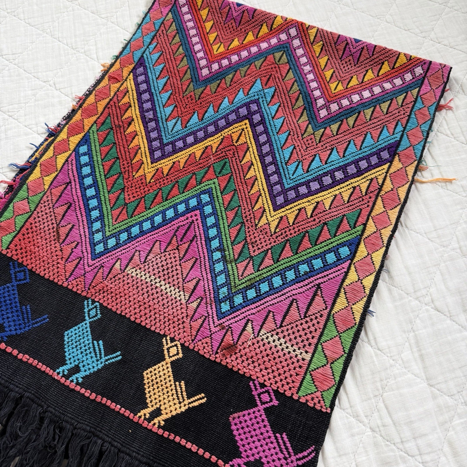 Vintage Handwoven Ethnic Textile Runner Boho Folk Art 16”x 46” Fringed