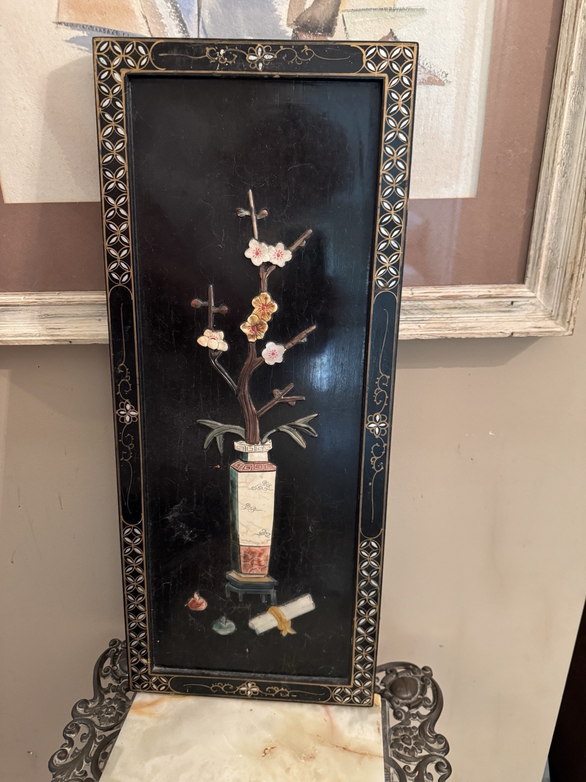3 Vintage Chinese Lacquered Carved Soapstone & Jade Inlay Panels (24&Prime; x 10&Prime;)