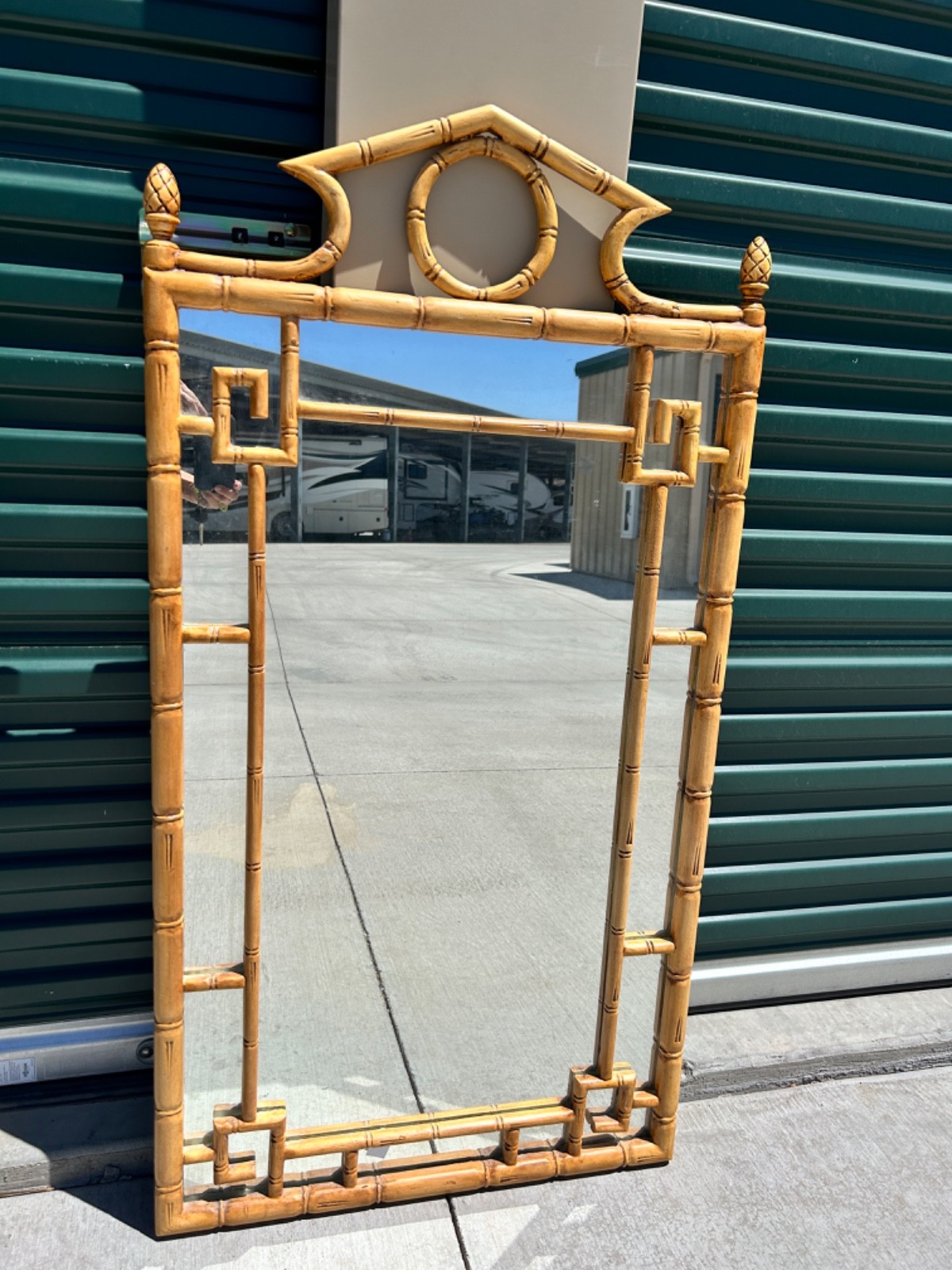 Vintage Asian Faux Bamboo Greek Key Pagoda Chinoiserie Wall Mirror 49”h