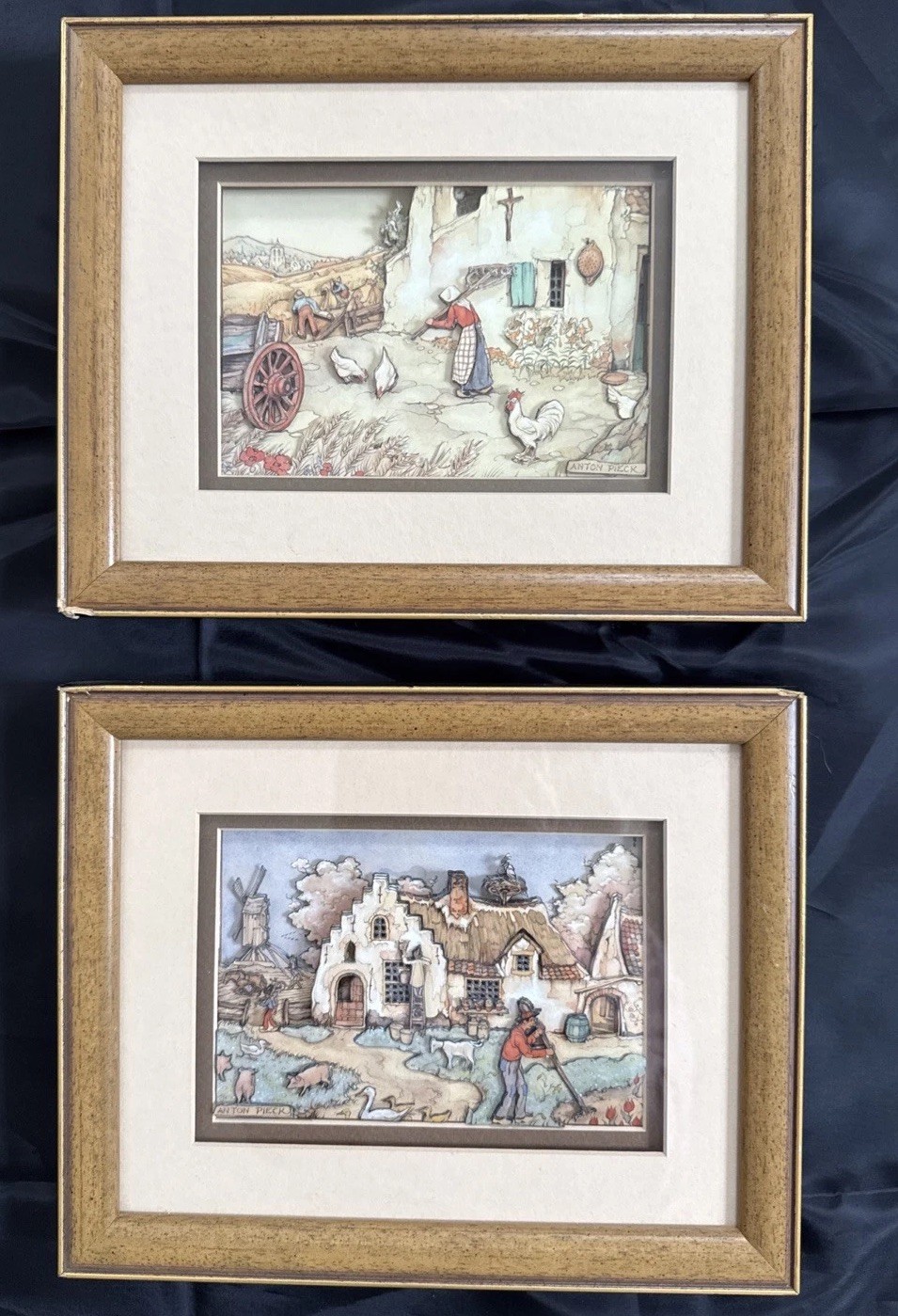 Vintage Anton Pieck Wall Art Dutch Cottage Country Farm Life Framed Pair