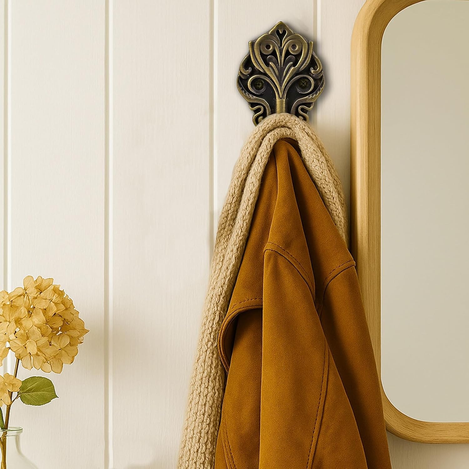 Solid Brass Wall Hooks 2 Pack – Heavy-Duty Decorative Coat Hooks with Antique
