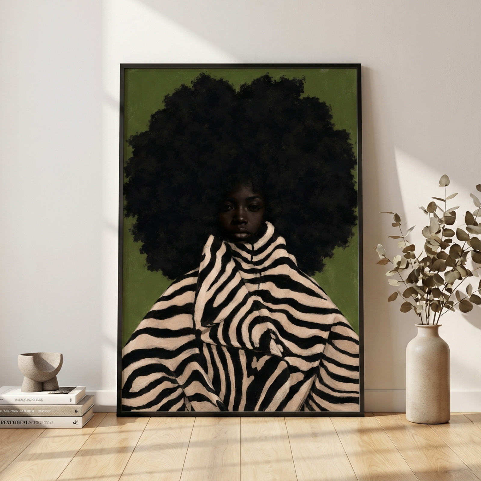 Modern Black Art Poster Afro Woman Zebra Print Fashion Wall Art Decor Portrait
