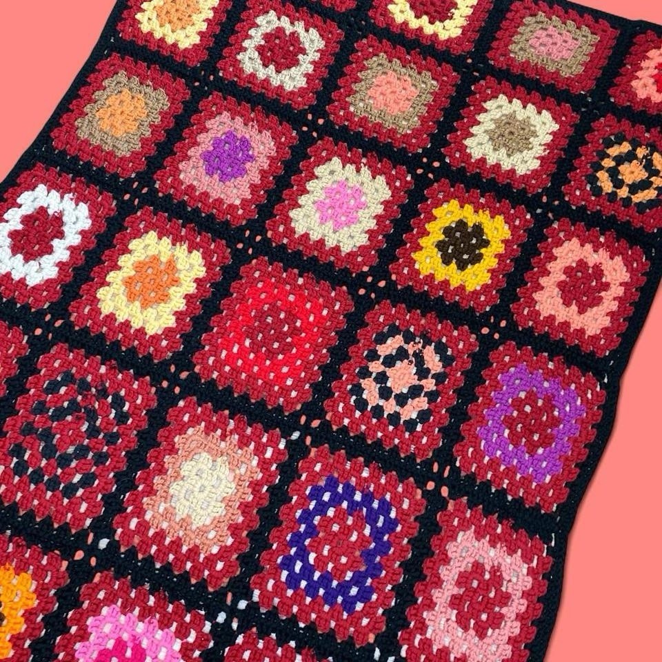 Vintage Handmade Colorful Granny Square Crochet Hippie Afghan Blanket