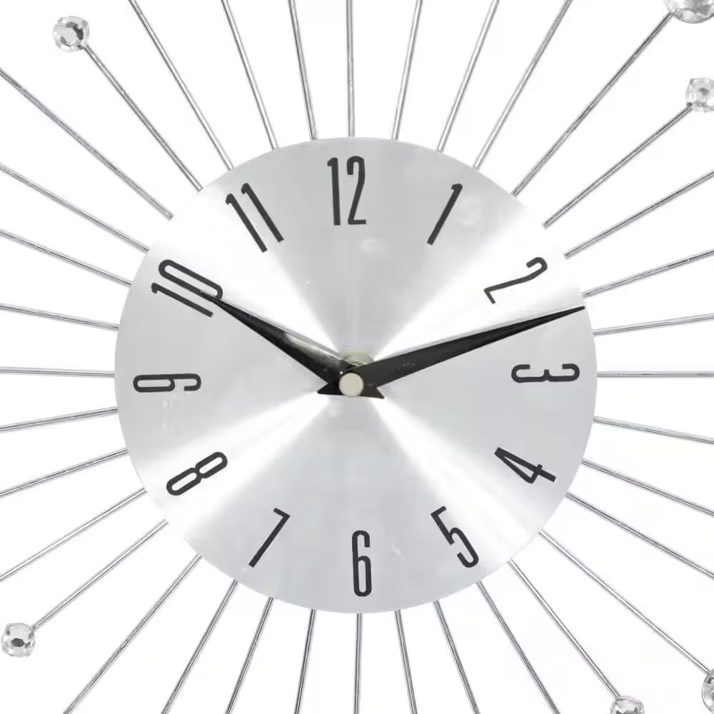 15 In. X 15 In. Silver Metal Starburst Wall Clock with Crystal Accents