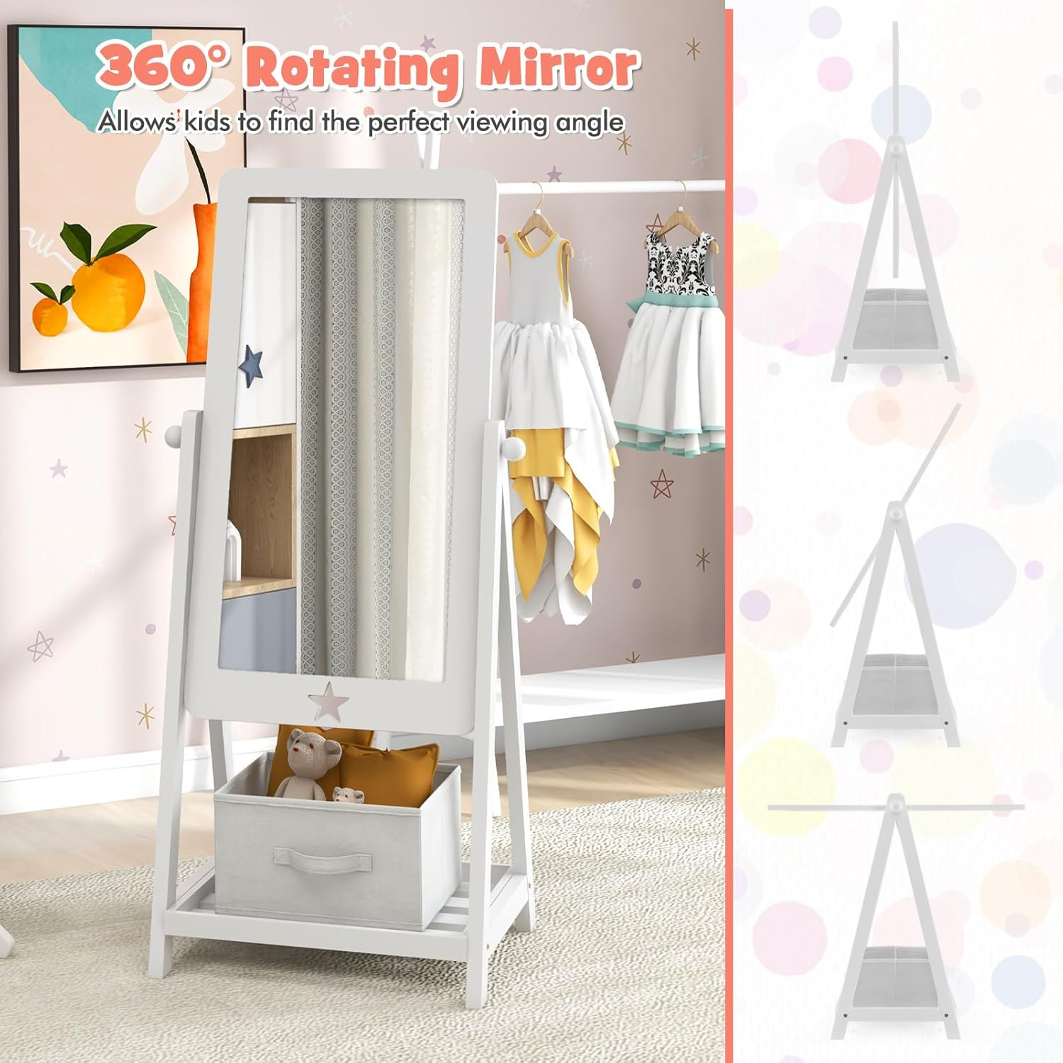 Adjustable Freestanding Kids Mirror with Storage Box for Shoes & Accessories