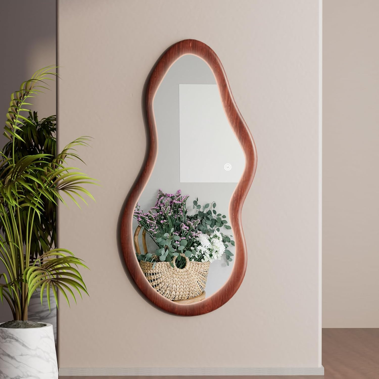 48&Prime;X24&Prime; LED Wavy Full Length Mirror with Walnut Frame for Bedroom & Living Room