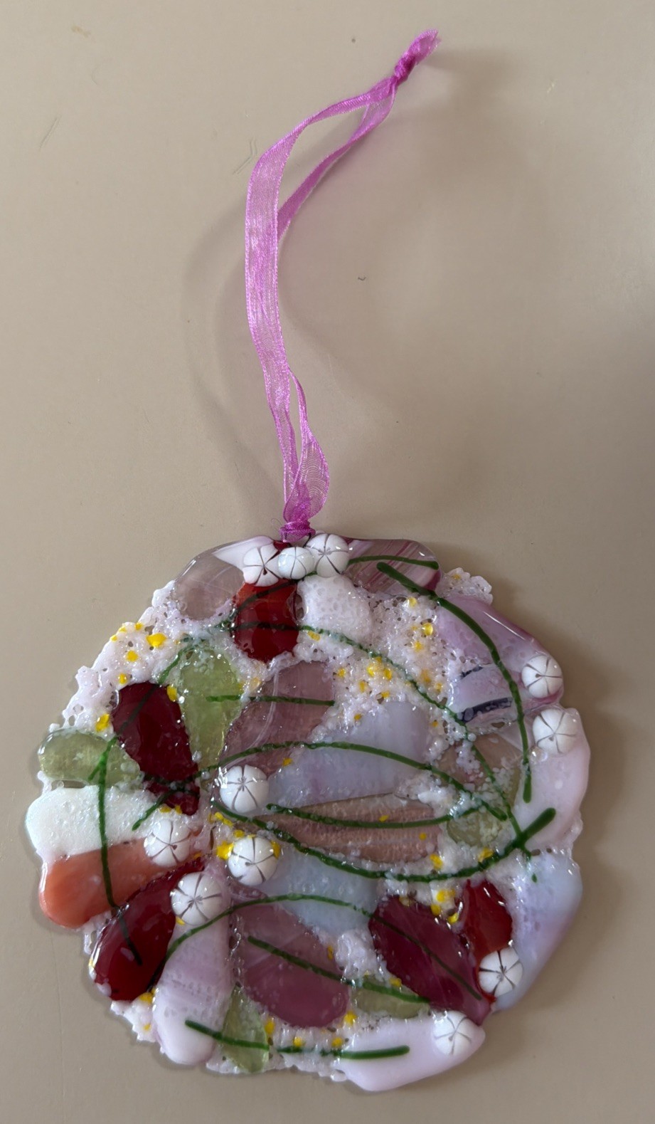 Fused Glass Handmade Round Multicolor Sun Catcher Signed By Artist