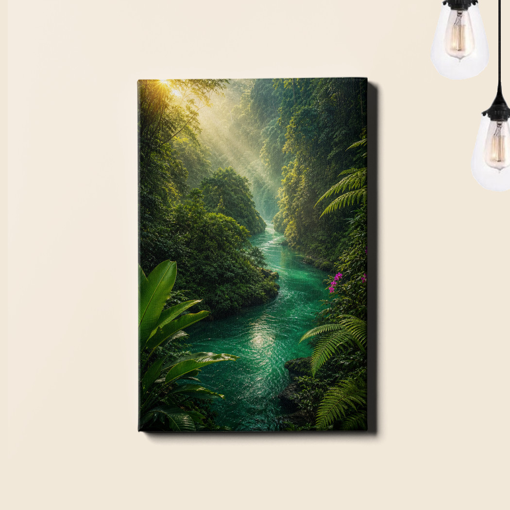 Misty tropical rainforest river sunbeams Canvas Print lush jungle scenery