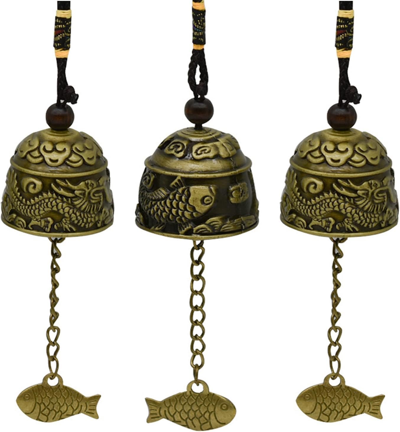 3Pcs Vintage Dragon Bronze Fish Carved Feng Shui Bell – Metal Hanging Temple for
