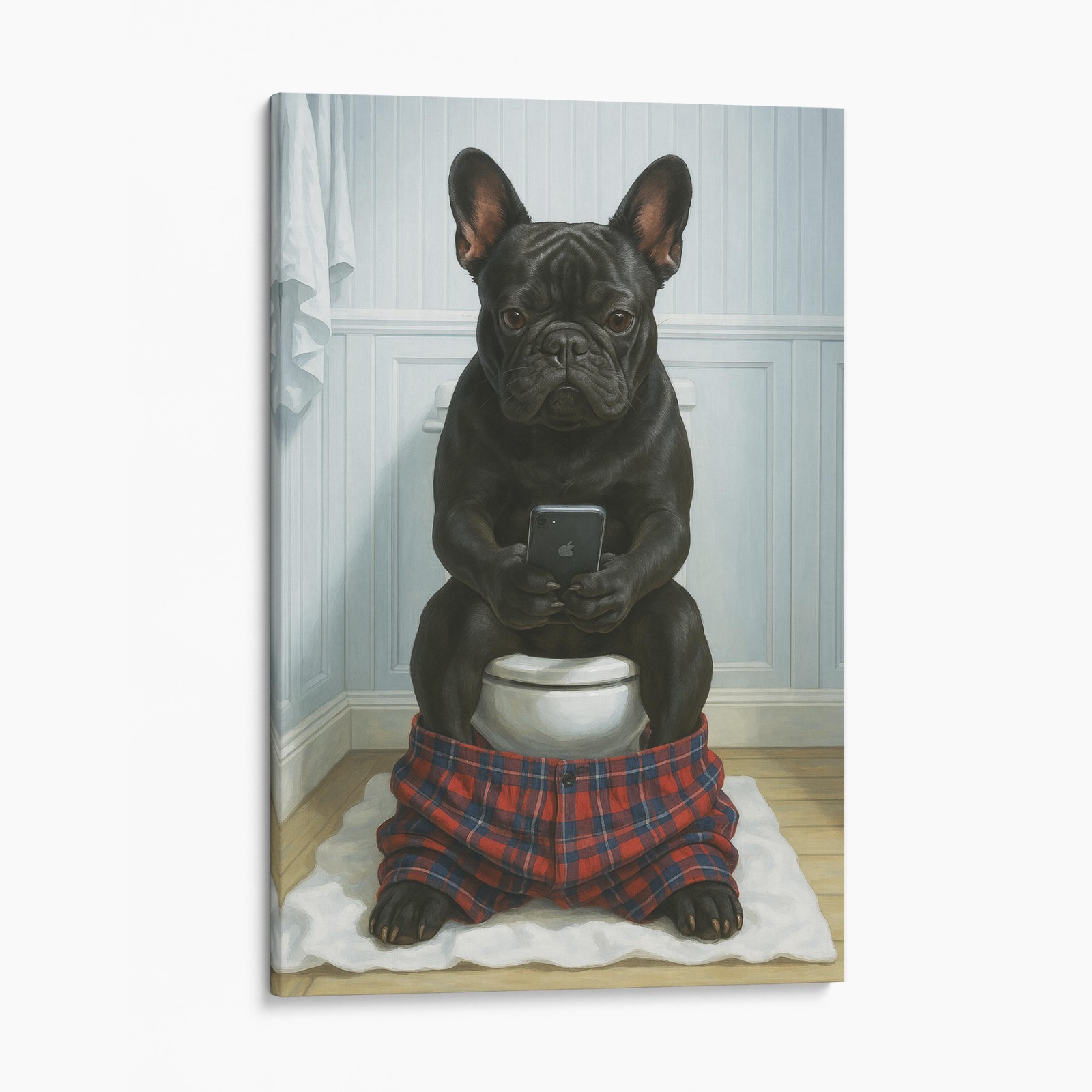 French Bulldog On The Phone On The Toilet Funny Bathroom Canvas Wall Art Print