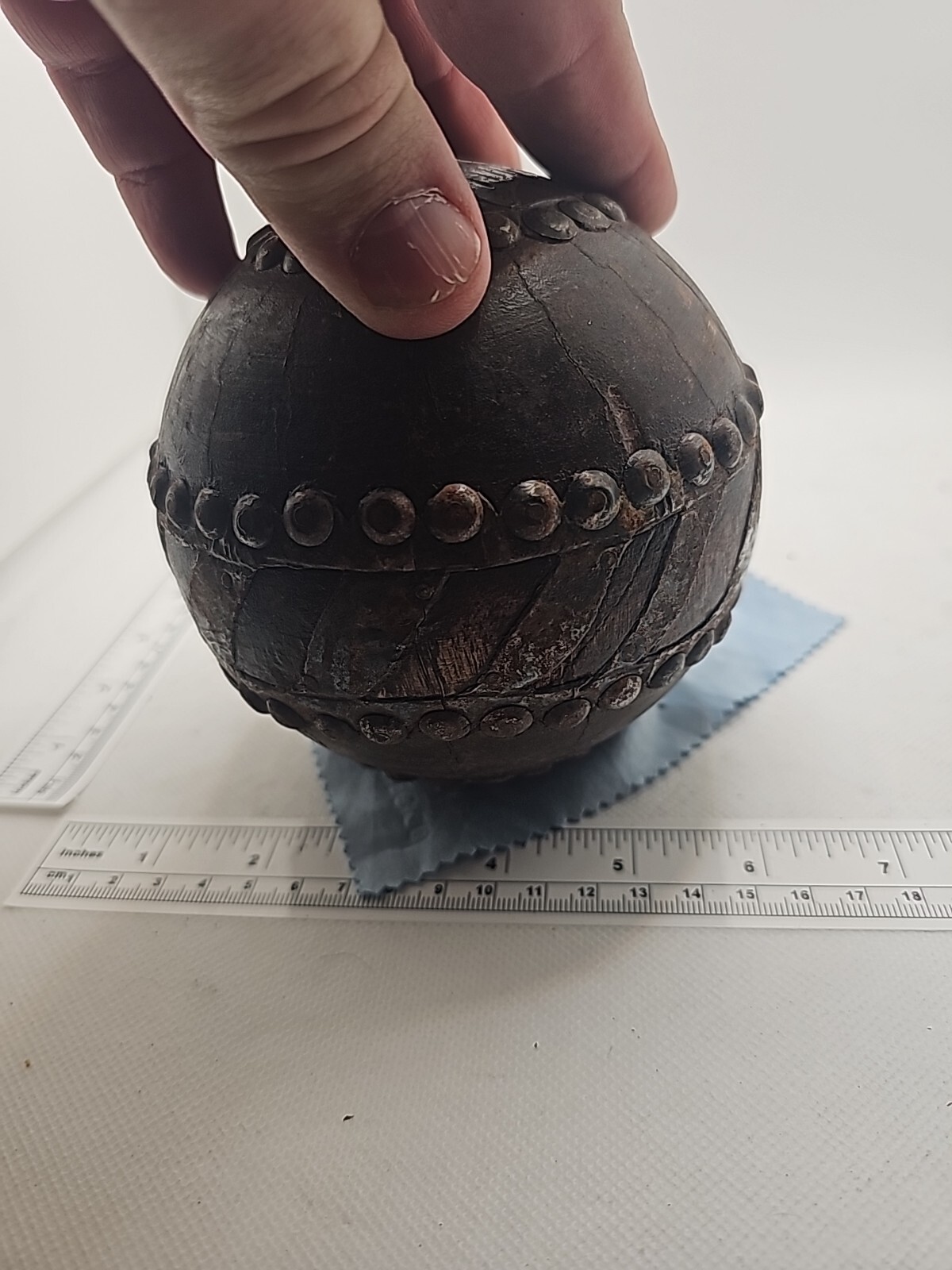 Decorative Ball Sphere VTG Wood Metal W Designs Pressed On To Bands hand made