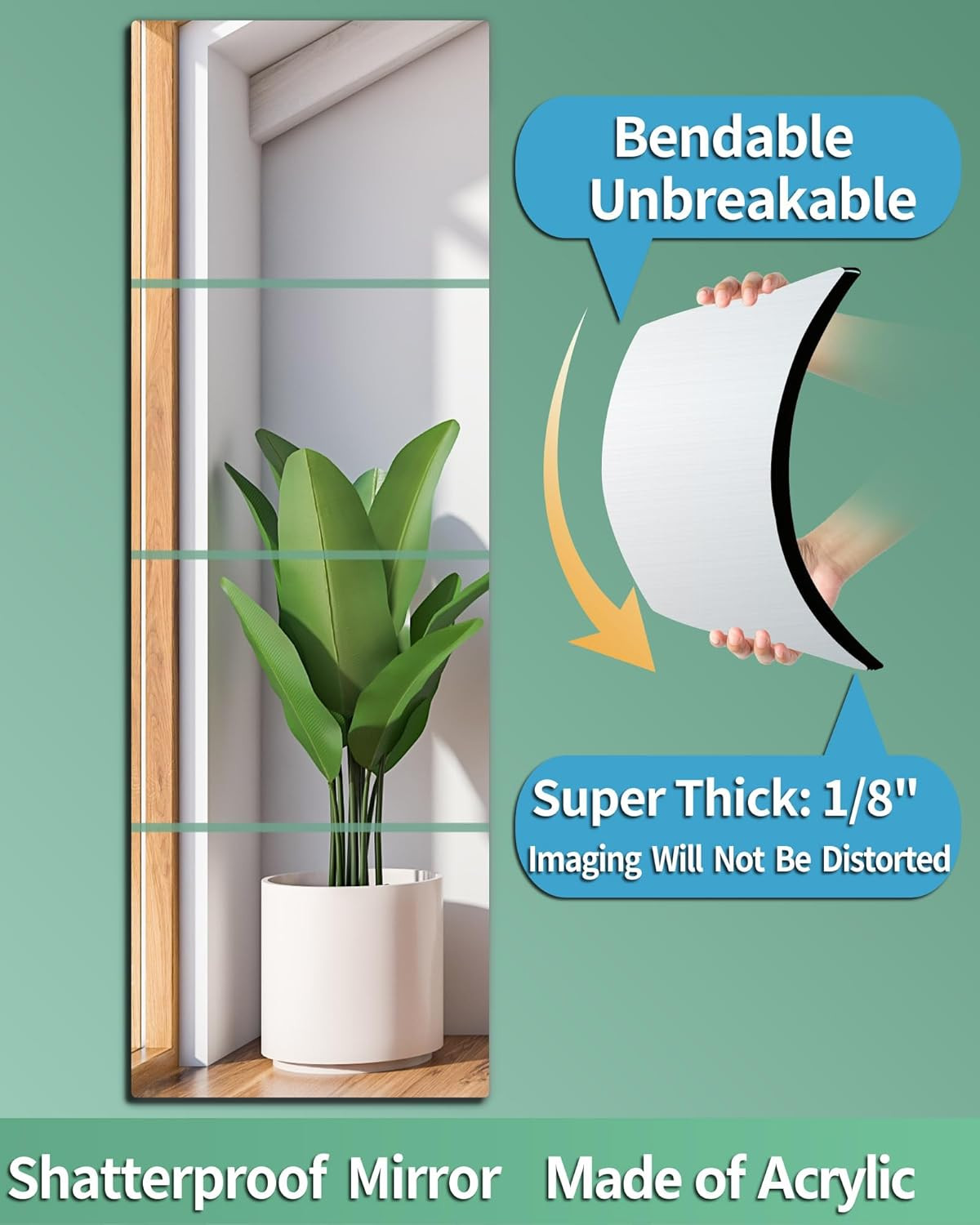 Full-Length Shatterproof Wall Mirror Set, 12×12 Inch, 4 Pcs, Safe for Kids