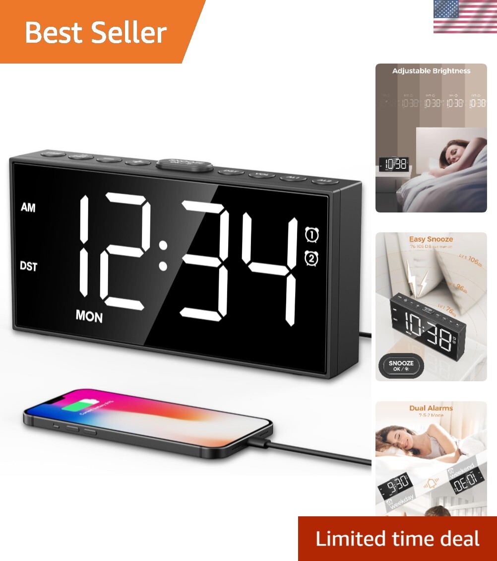 Modern Alarm Clock with Adjustable Brightness, Volume & Dual Alarms for All Ages