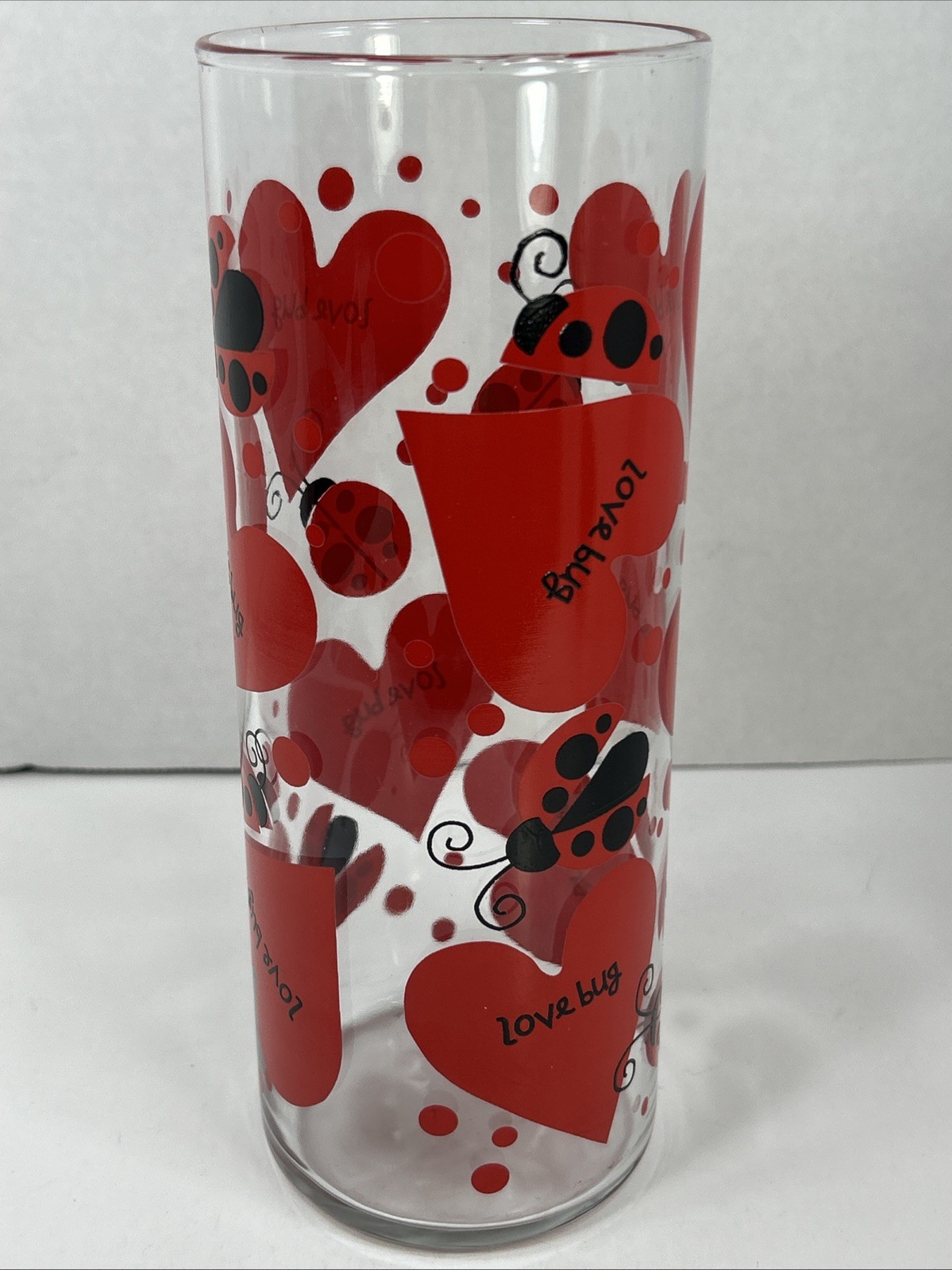 Anchor Hocking Ladybug Love Bug Hearts Flower Vase 9” Tall 3.5” Wide