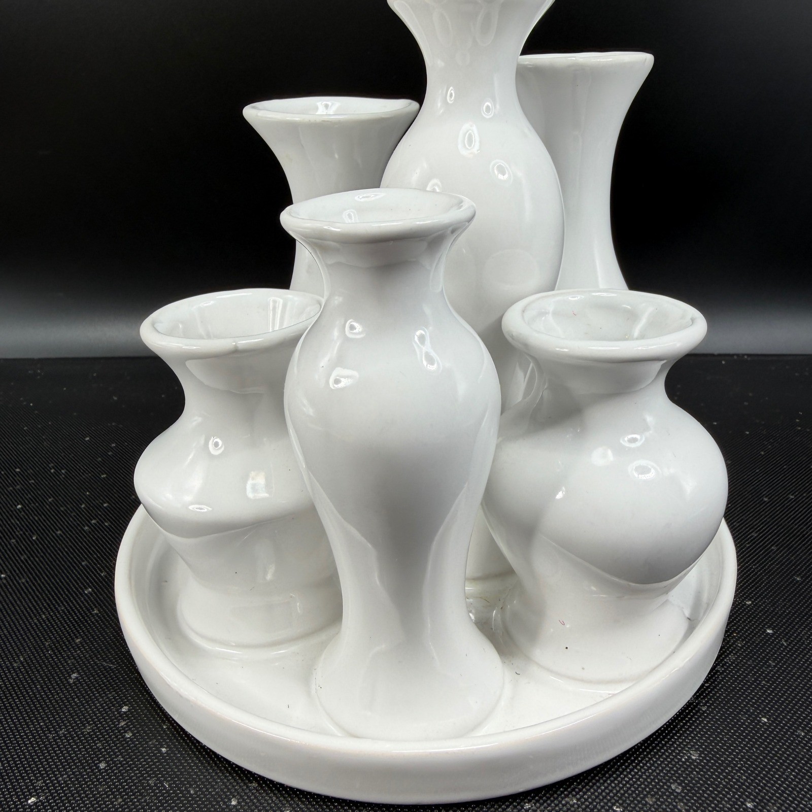 White Ceramic Multi Bud Vase Cluster 6 Opening Attached Floral Centerpiece 6in