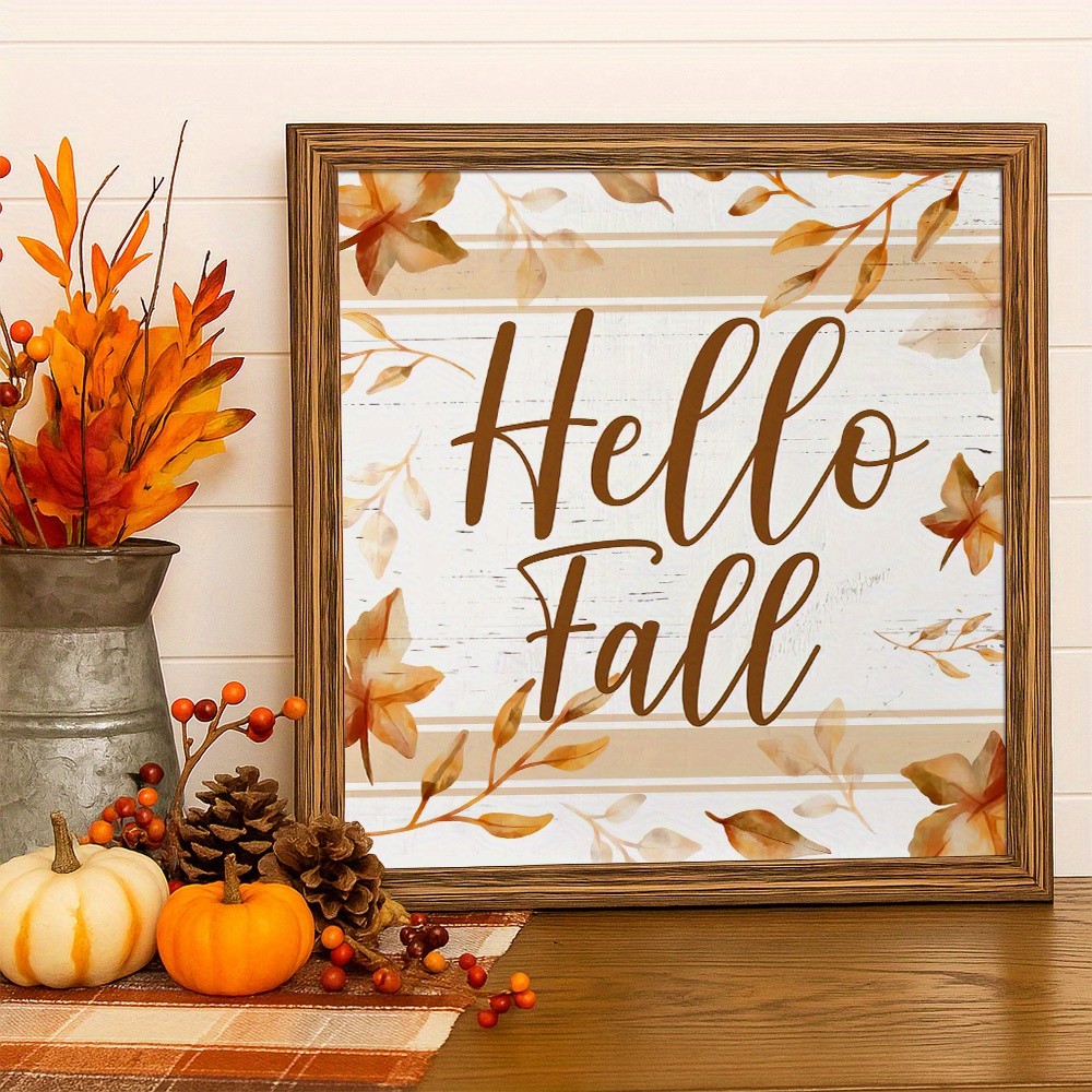 Wooden Frame Print Hello Fall Maple Branch Pine Cone Autumn Wall Decor