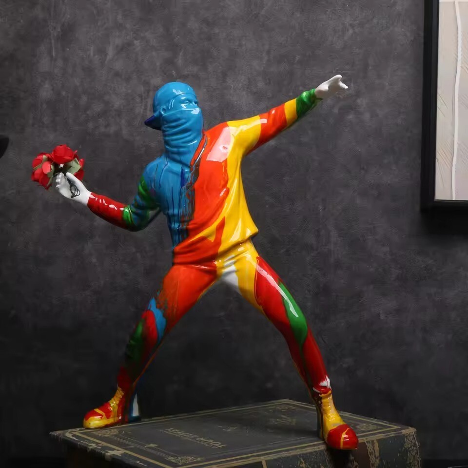 Banksy Flower Thrower Multi-Color Statue Resin Pop Art Modern Home Decor Gift