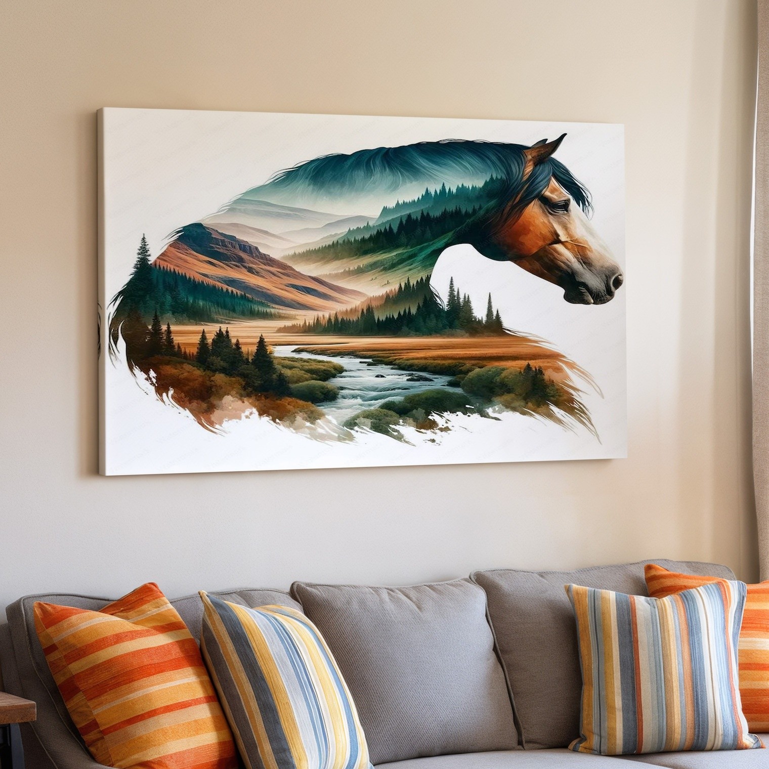Horse and Mountain Landscape Canvas Wall Art Nature Scene River Forest Print