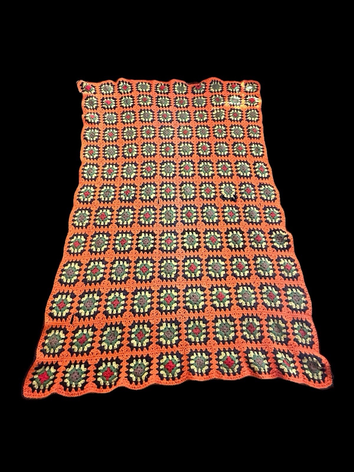 Vtg 70’s Granny Square Afghan Throw Blanket Roseanne Brown Orange Green