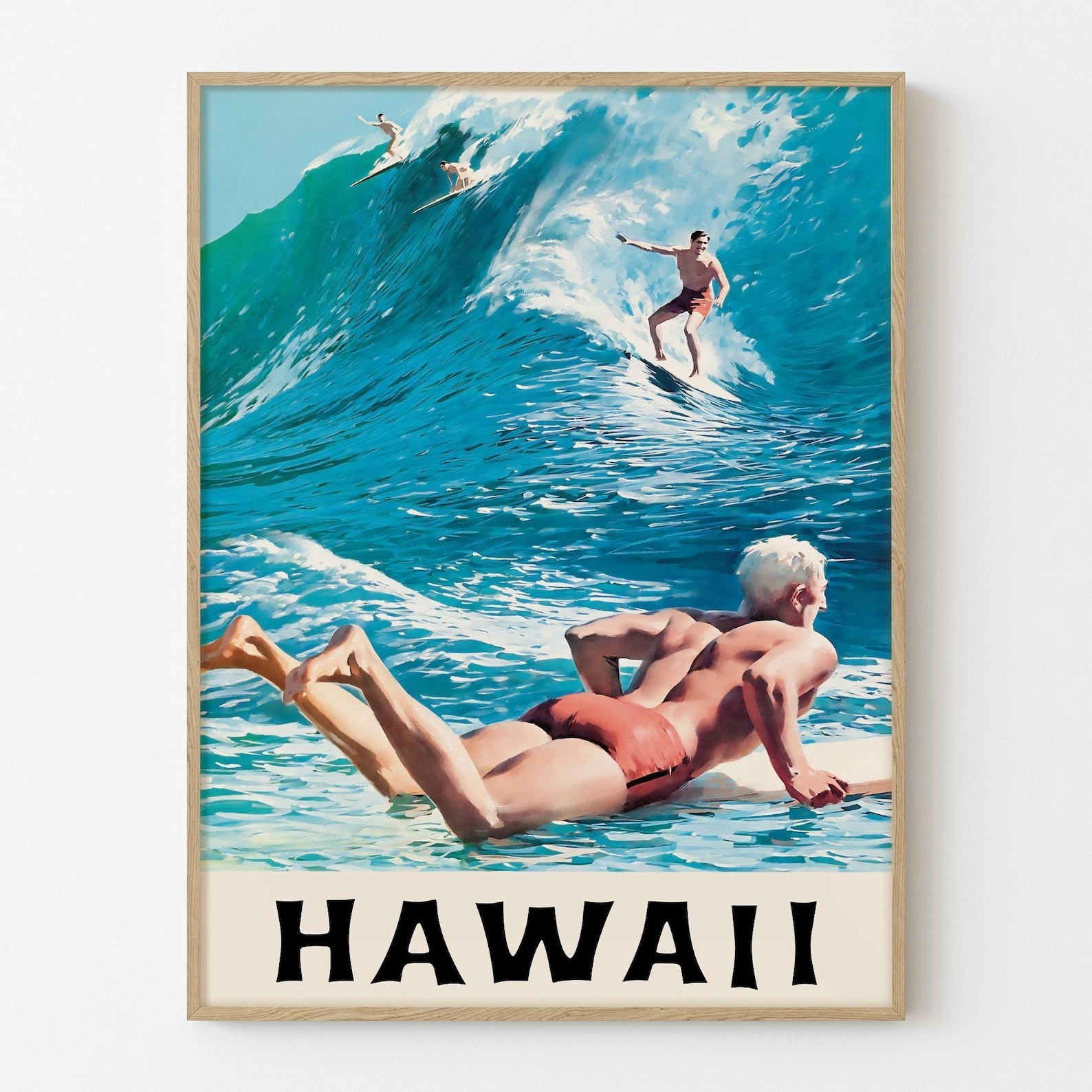 Vintage Hawaii Surf Poster Retro Beach Wave Travel Wall Art Tropical Island