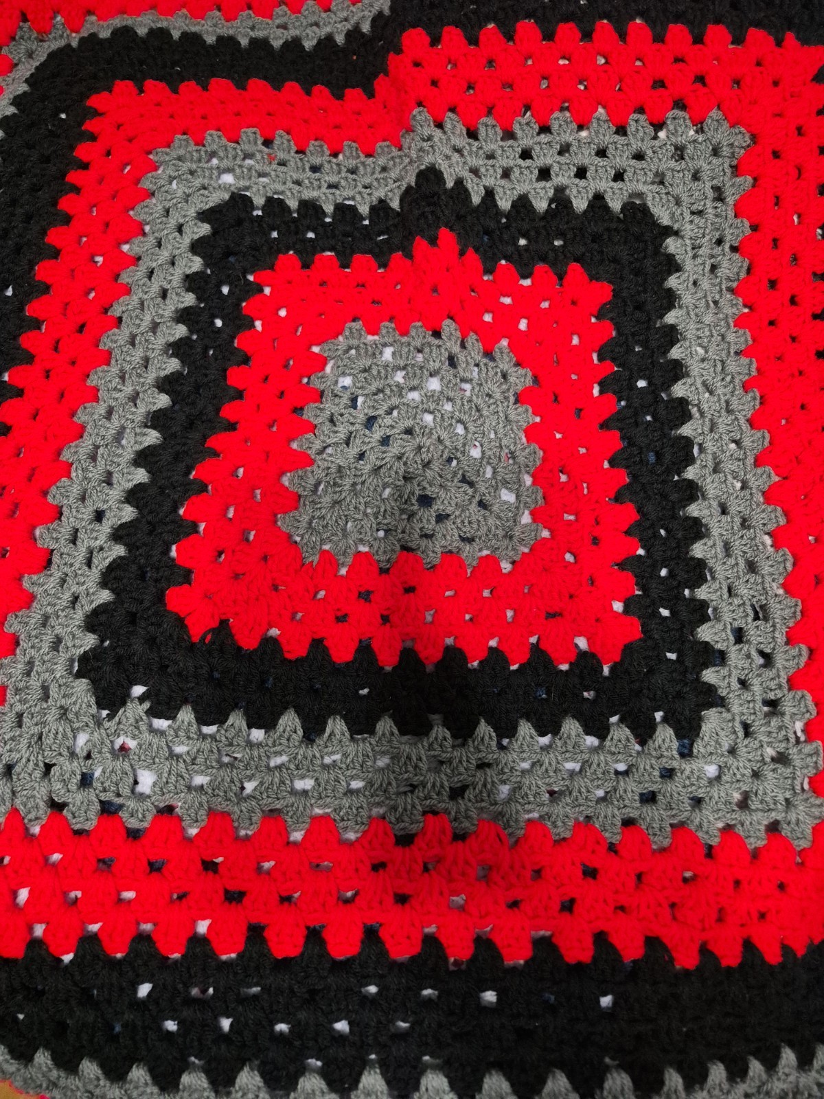Handmade Crochet Lap/Chair Throw 40&Prime;×39&Prime; Black, Gray, Red. Georgia Colors