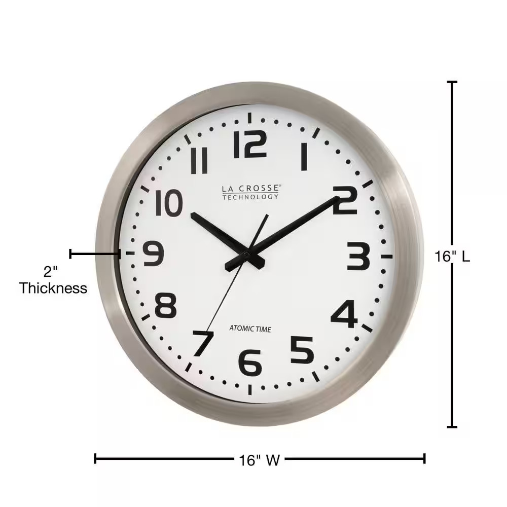 16 In. White Dial Brushed Silver Atomic Analog Wall Clock