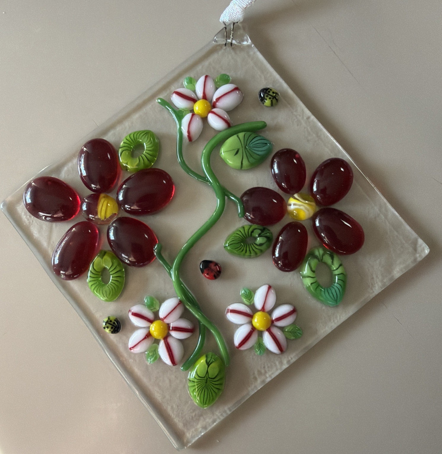 Fused Glass Handmade Diamond Shaped Multicolored Sun Catcher Signed By Artist