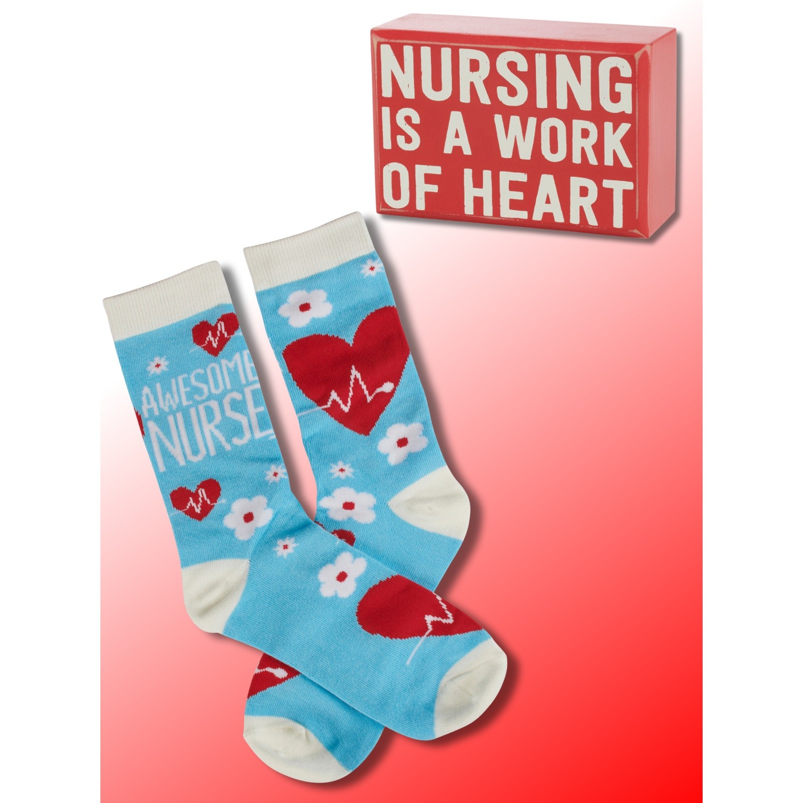 NURSE Gift Set Socks Blue Heart Monitor Work Of Heart Wood Sign One Size NEW