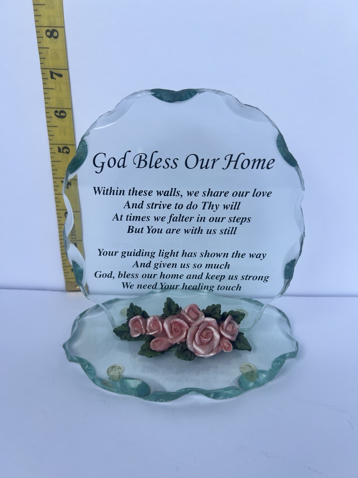 God Bless Our Home Glass Freestanding Decorative Plaque Floral Scalloped 7.75in